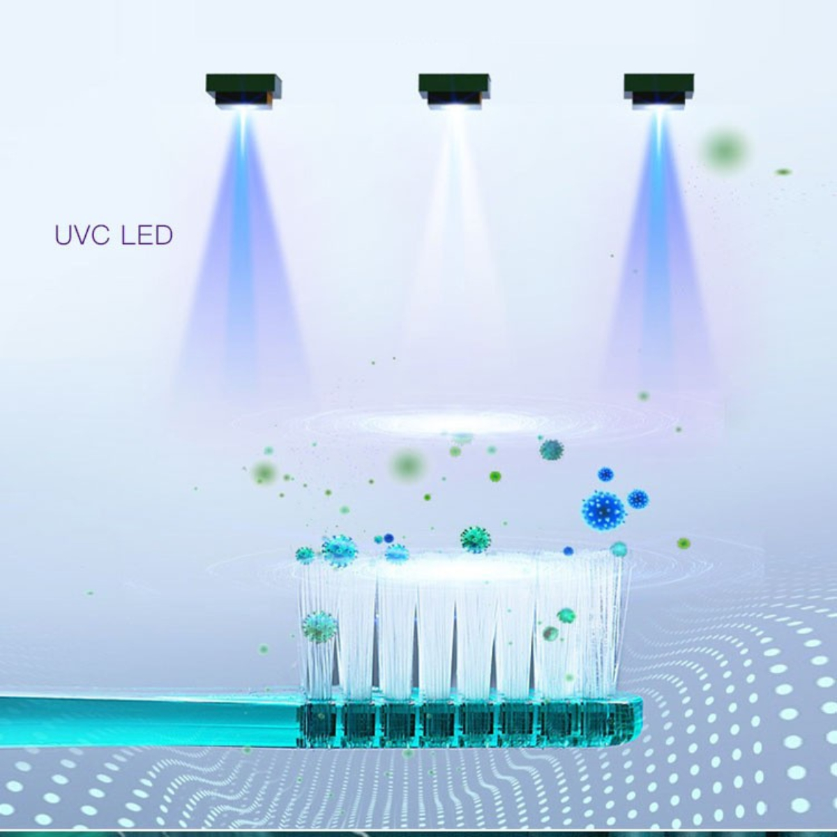 Zahnbürste mit UVC-LED-Leuchten, die darauf scheinen, mit grünen und blauen Partikeln.