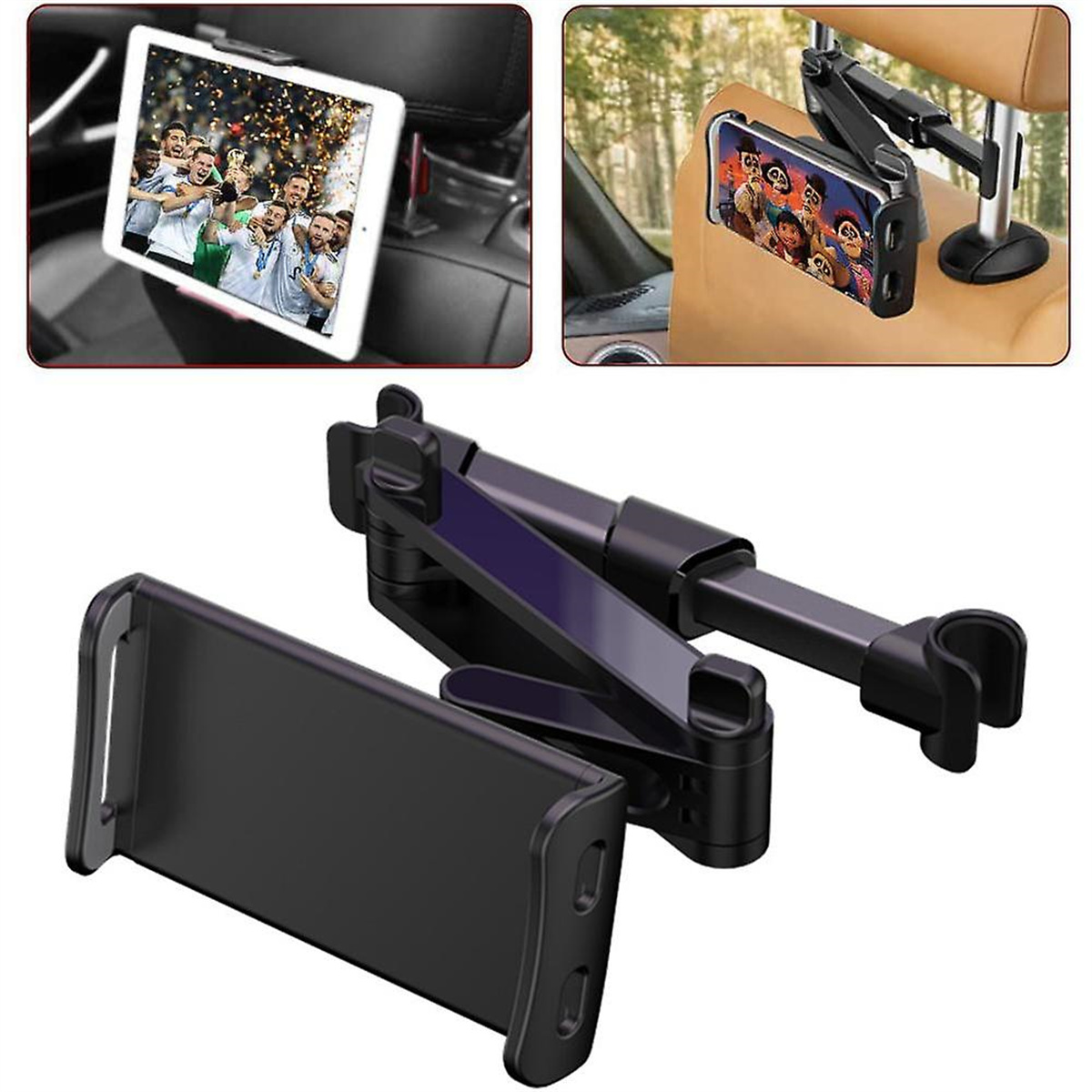 Eine Kopfstützenhalterung im Auto hält ein Tablet und ein Telefon, die Medien zeigen. Unten befindet sich eine schwarze Klapphalterung.