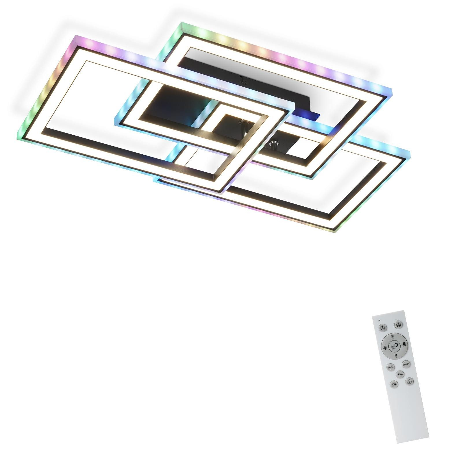 Nowoczesna lampa sufitowa o geometrycznych kształtach z kolorowymi diodami LED.