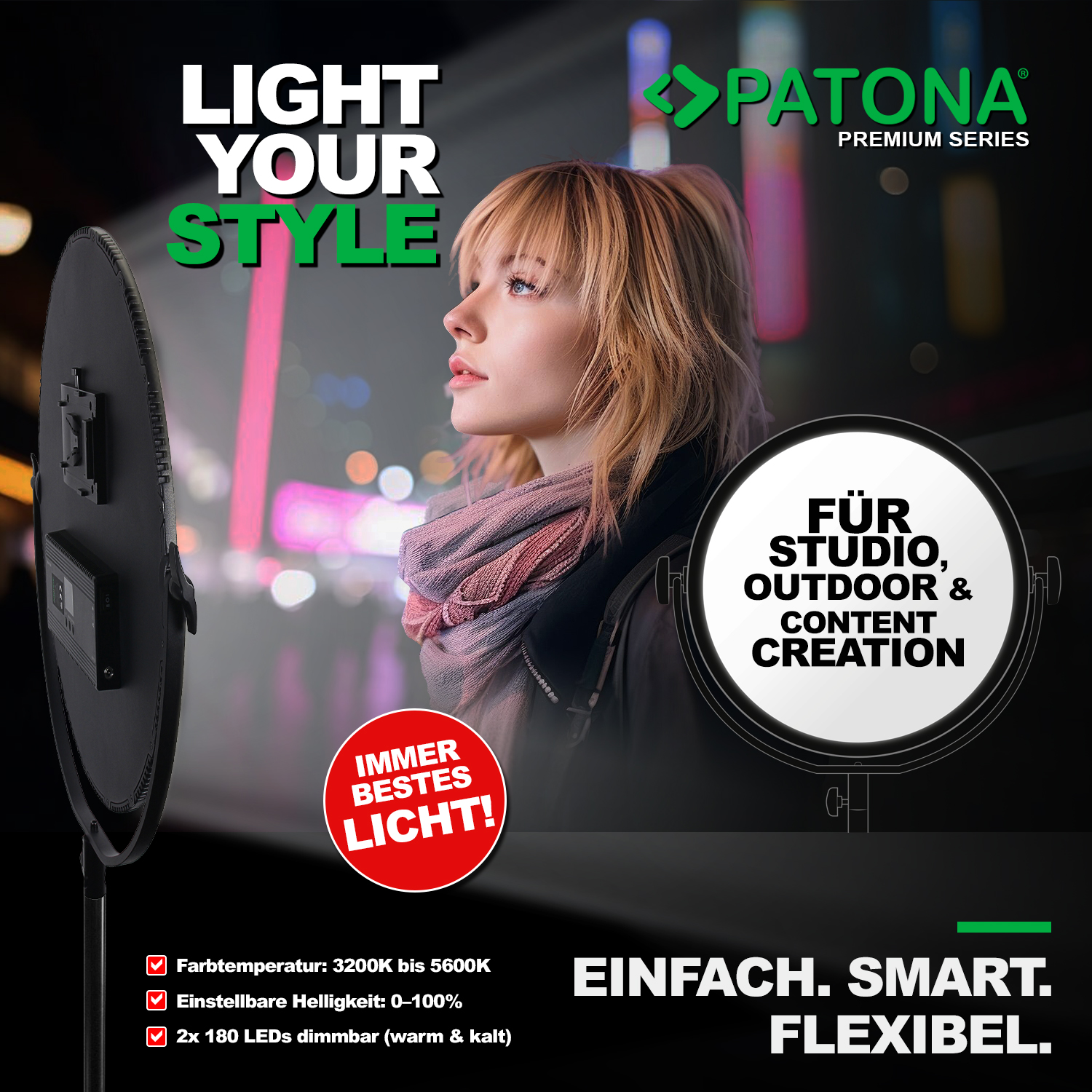 Frau mit blonden Haaren blickt nach oben, beleuchtet von einem Studiolicht, Text lautet 'Light Your Style'.