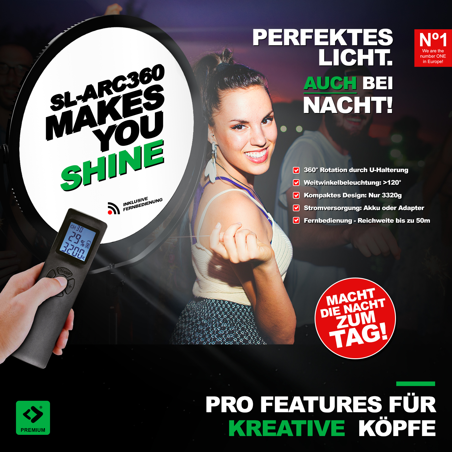 Eine Frau hält eine Fernbedienung. Der Hintergrund hat ein helles Licht und Text.