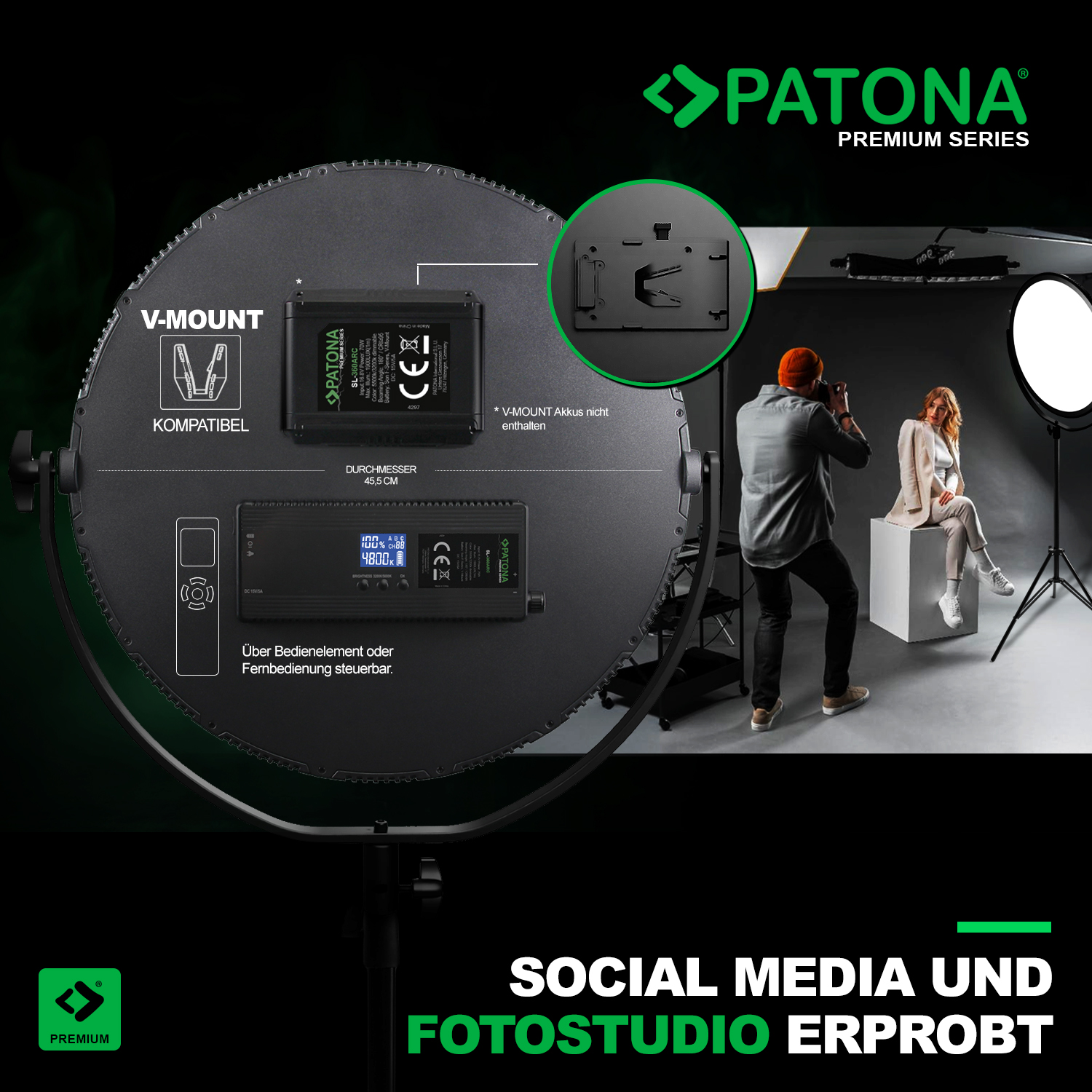 Ein Fotostudio-Setup mit einem Motiv, Lichtern und Ausrüstung. Eine Person macht ein Foto.