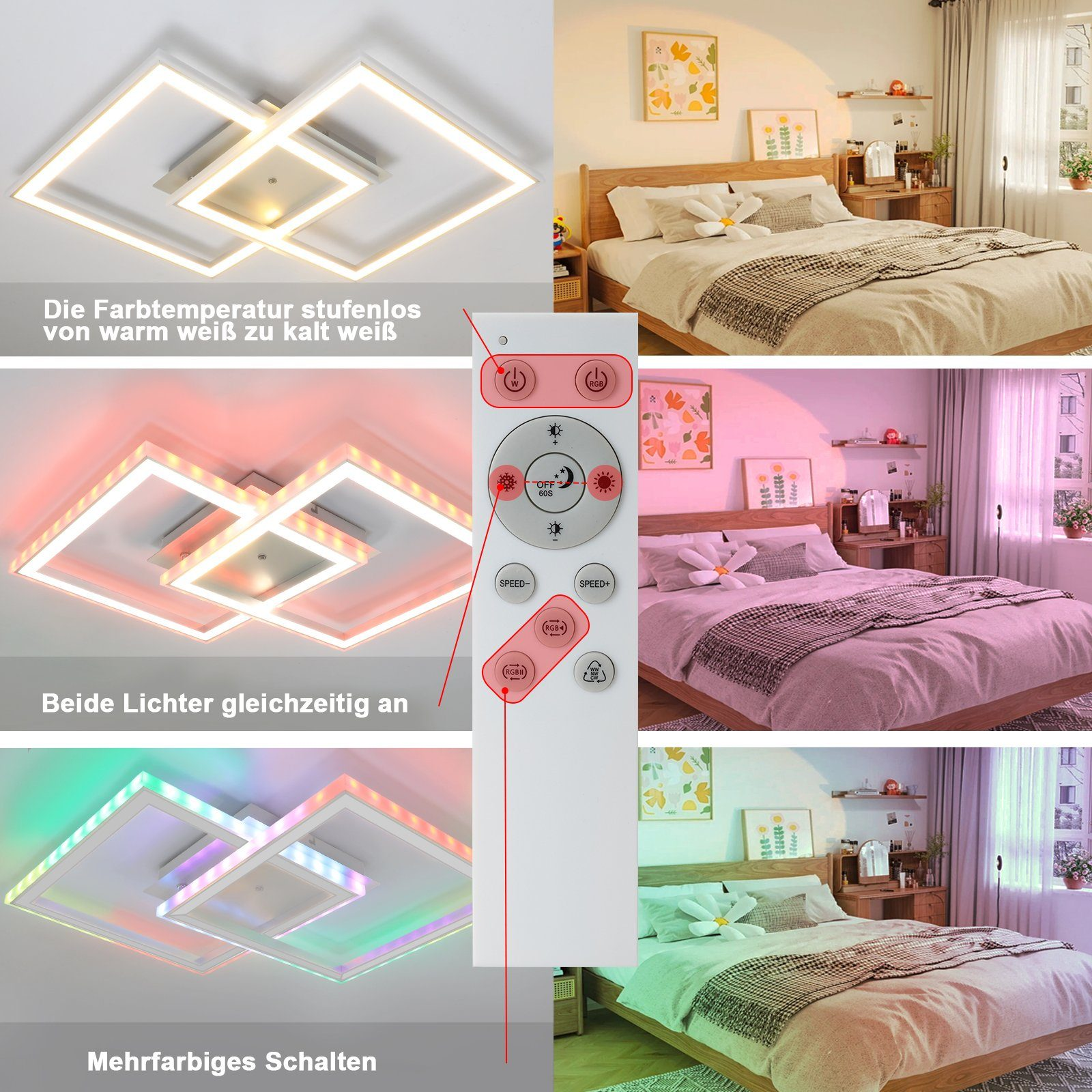 Luz de techo con mando a distancia y opciones de iluminación en el dormitorio.