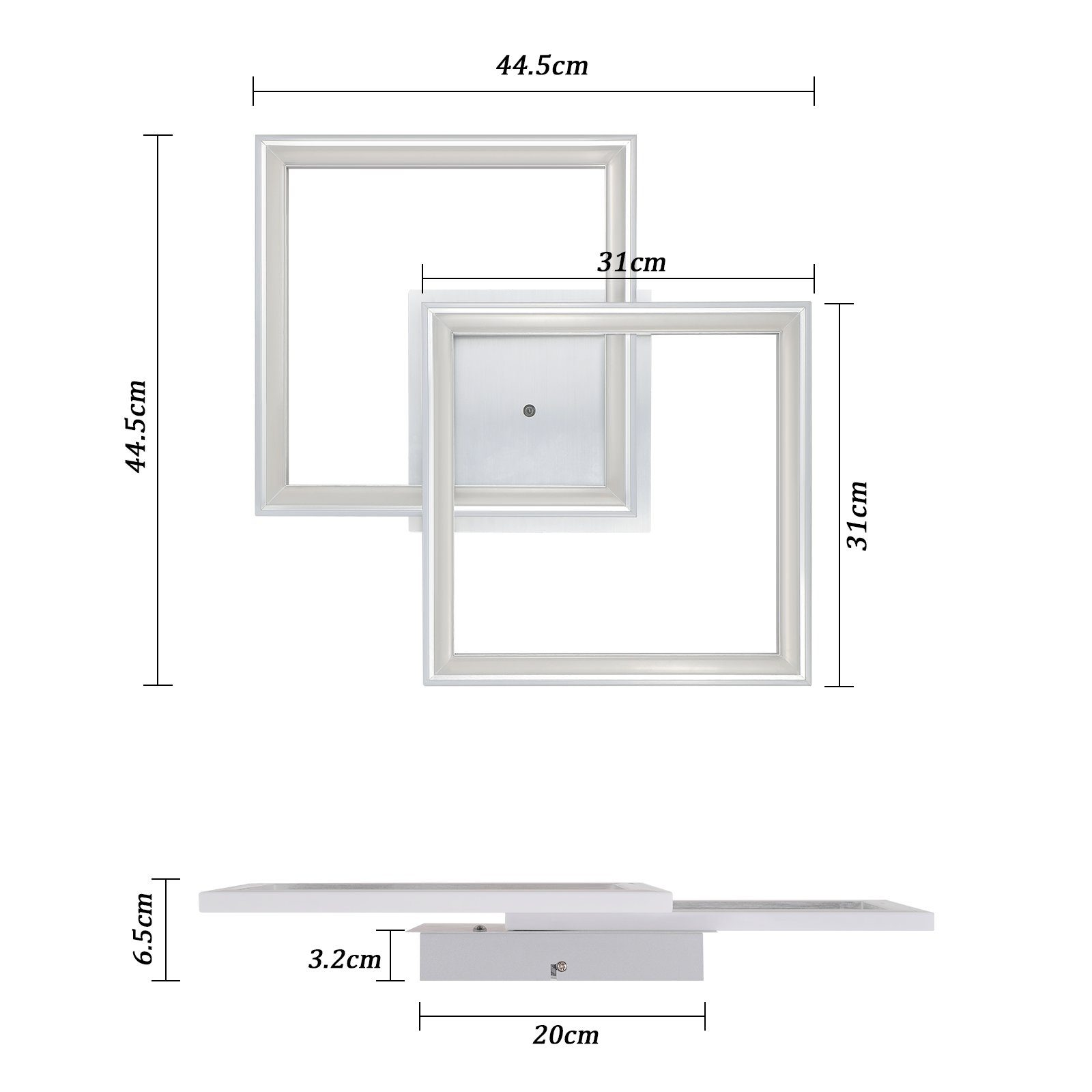 Diagrama de una lámpara de techo blanca, que muestra dimensiones y una vista superior y lateral.