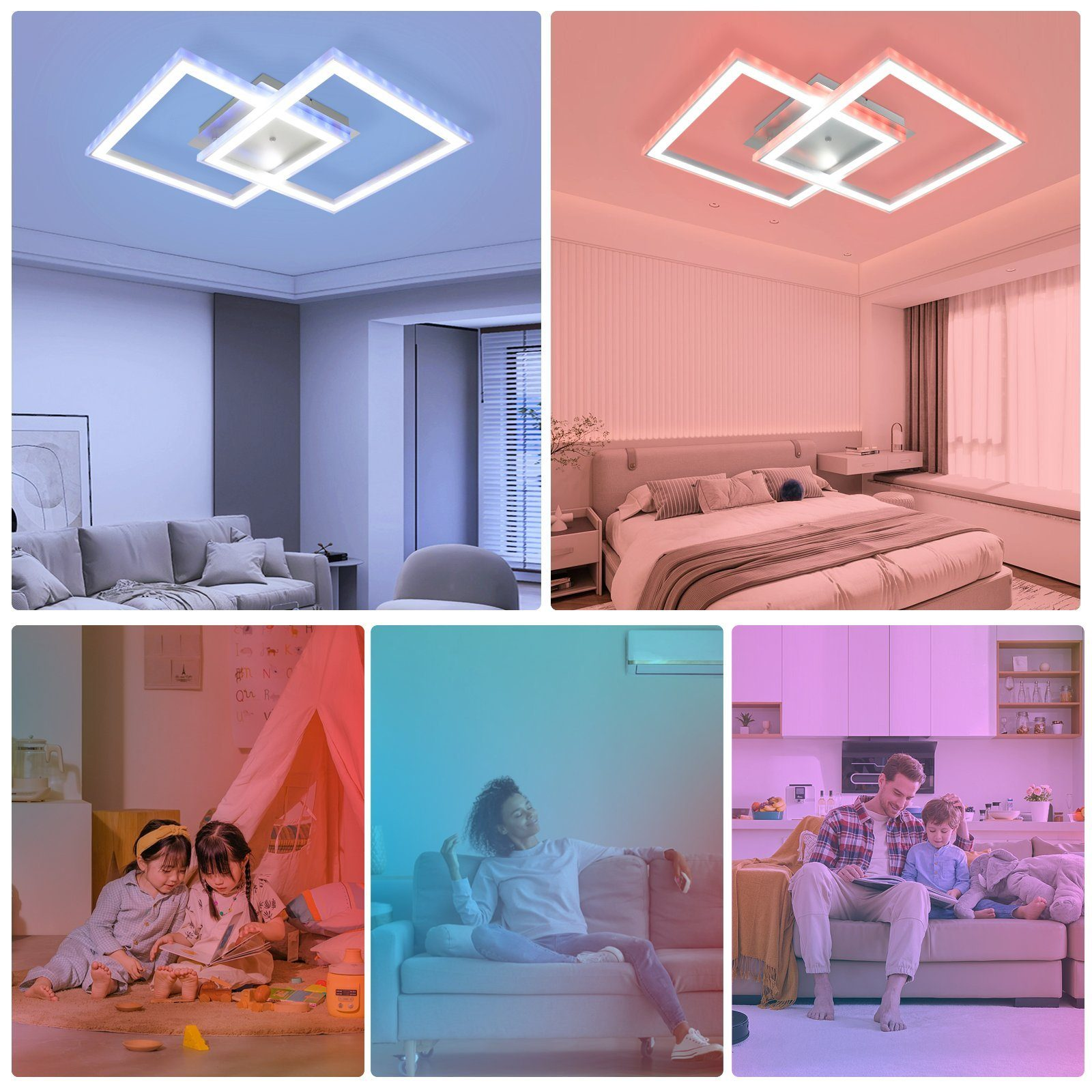 Múltiples imágenes de una lámpara de techo en diferentes entornos y colores.