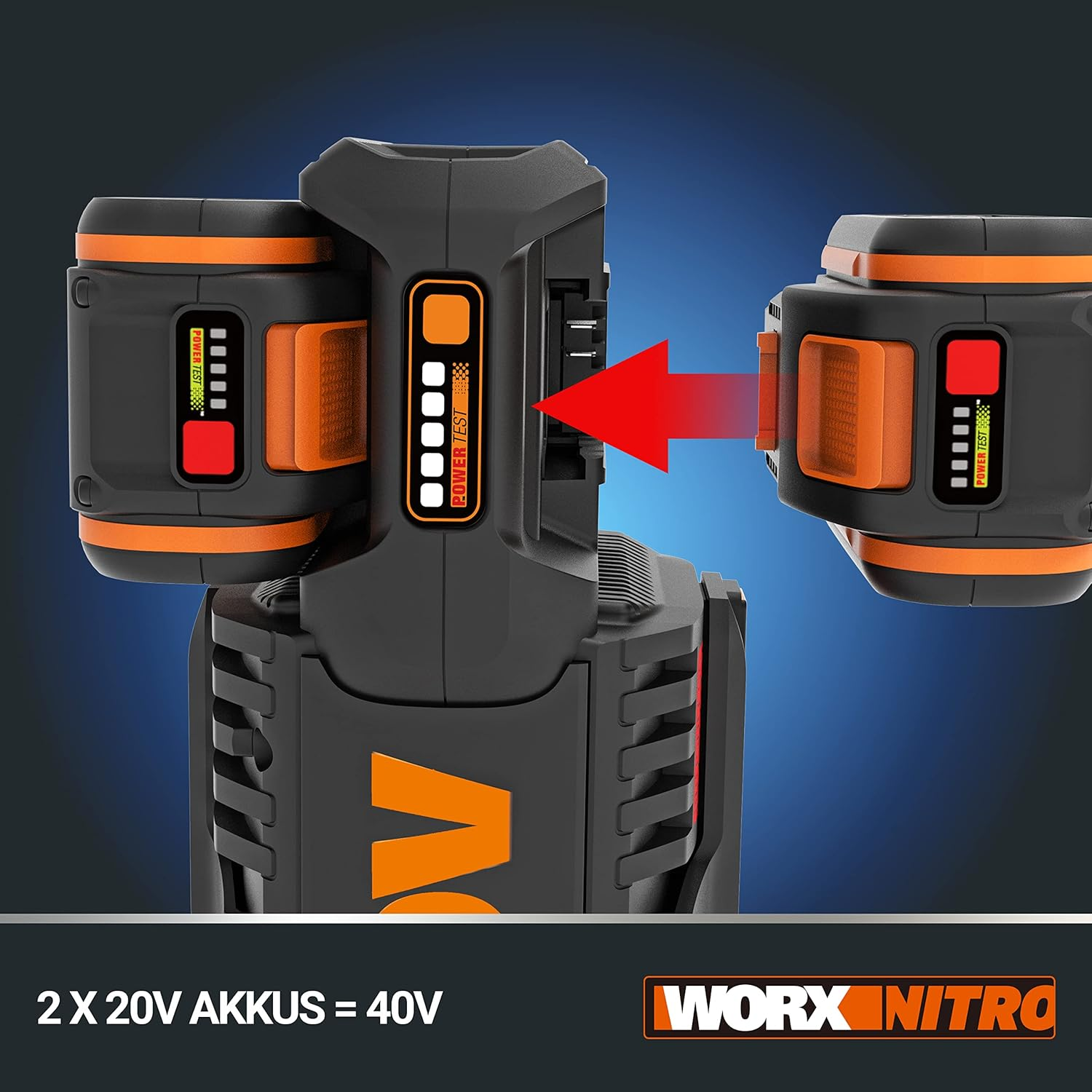 Zwei schwarze und orangefarbene Worx Nitro Akkus mit rotem Pfeil, blauer Hintergrund.