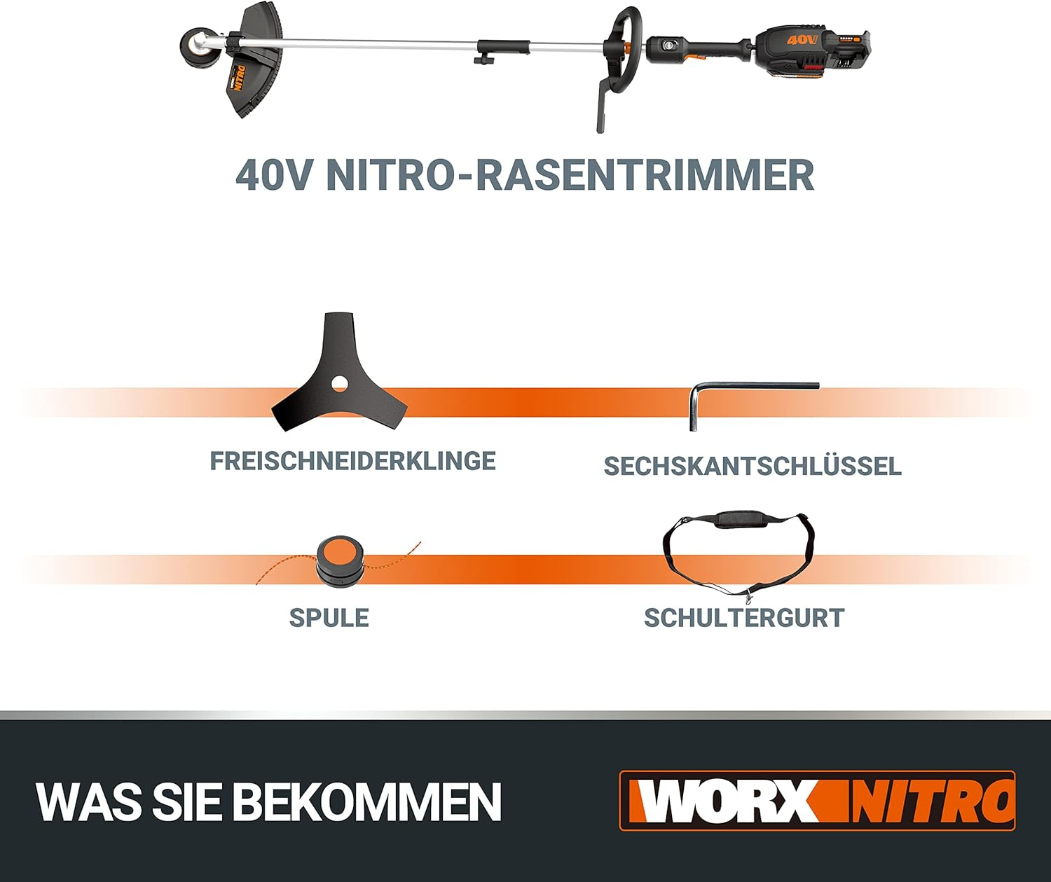 Diagramm eines Rasentrimmers und seiner Komponenten: Klinge, Sechskantschlüssel, Spule und Schultergurt.