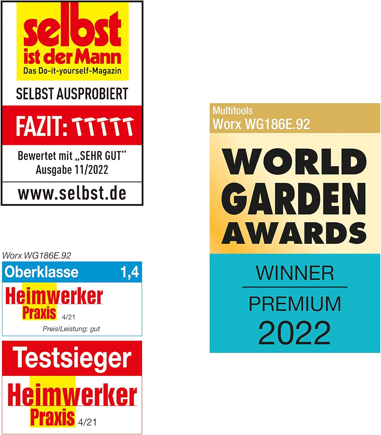 Auszeichnungen und Zeitschriftenbewertung eines Gartengeräts.