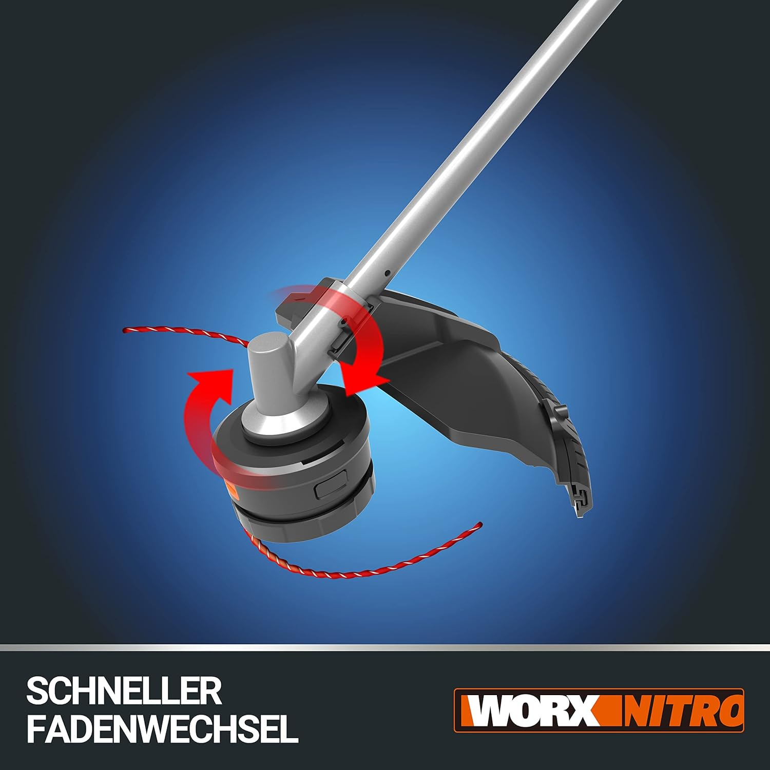 Rasentrimmerkopf mit rotierenden Pfeilen und Text zum schnellen Fadenwechsel.