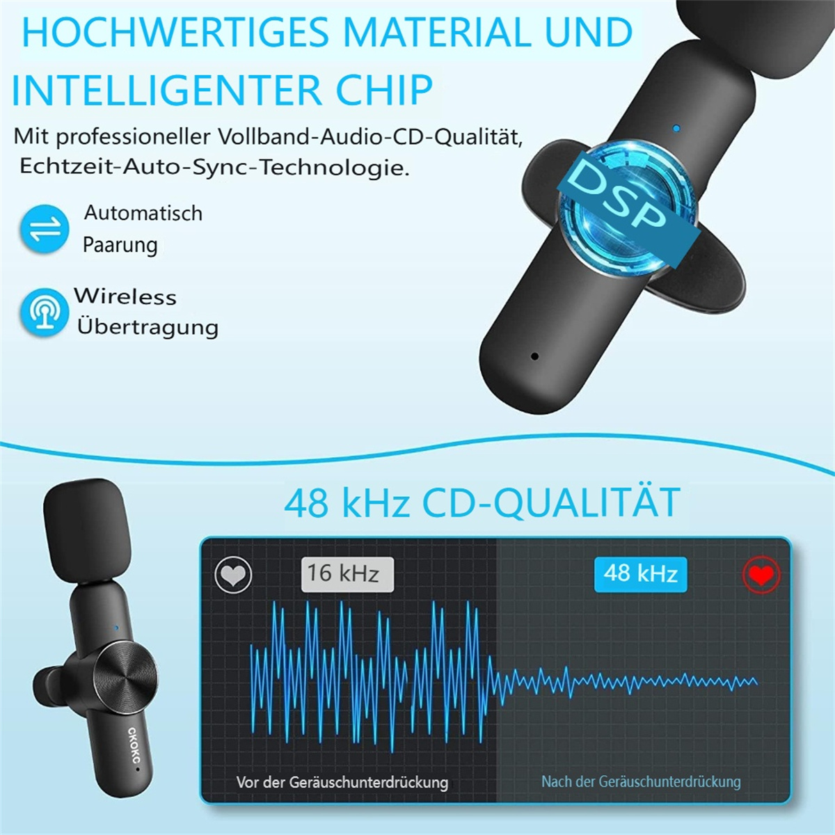 Nahaufnahme von Kopfhörern mit Text: Hochwertiges Material und intelligenter Chip. Audio-Wellenform angezeigt.