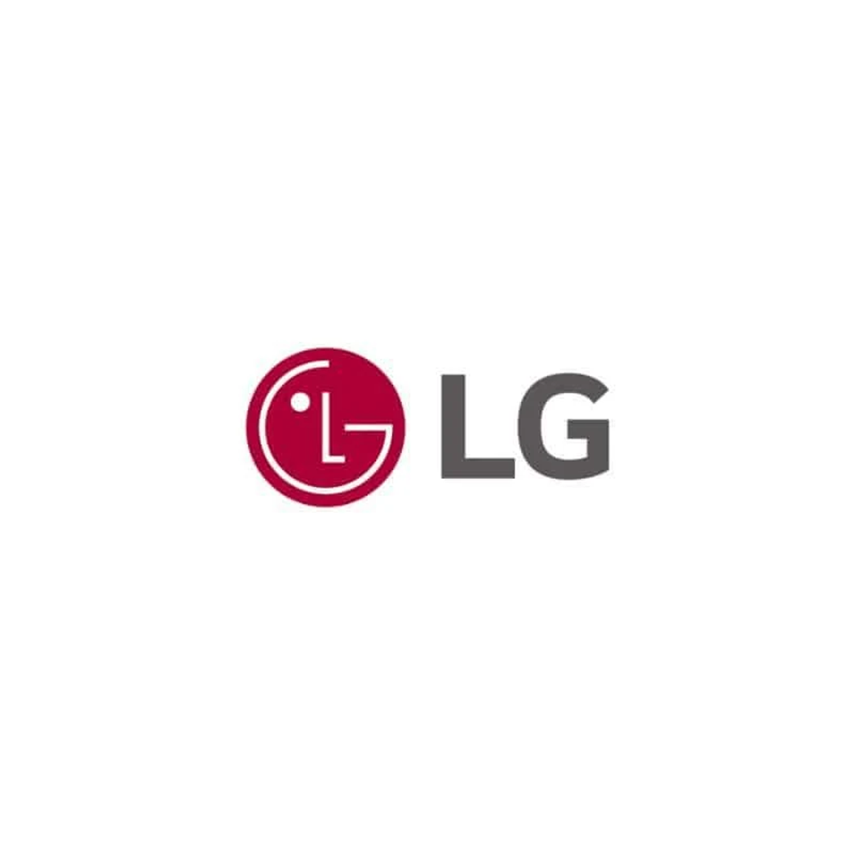 Białe tło z logo LG w kolorze czerwonym i szarym. Prosty, nowoczesny design.