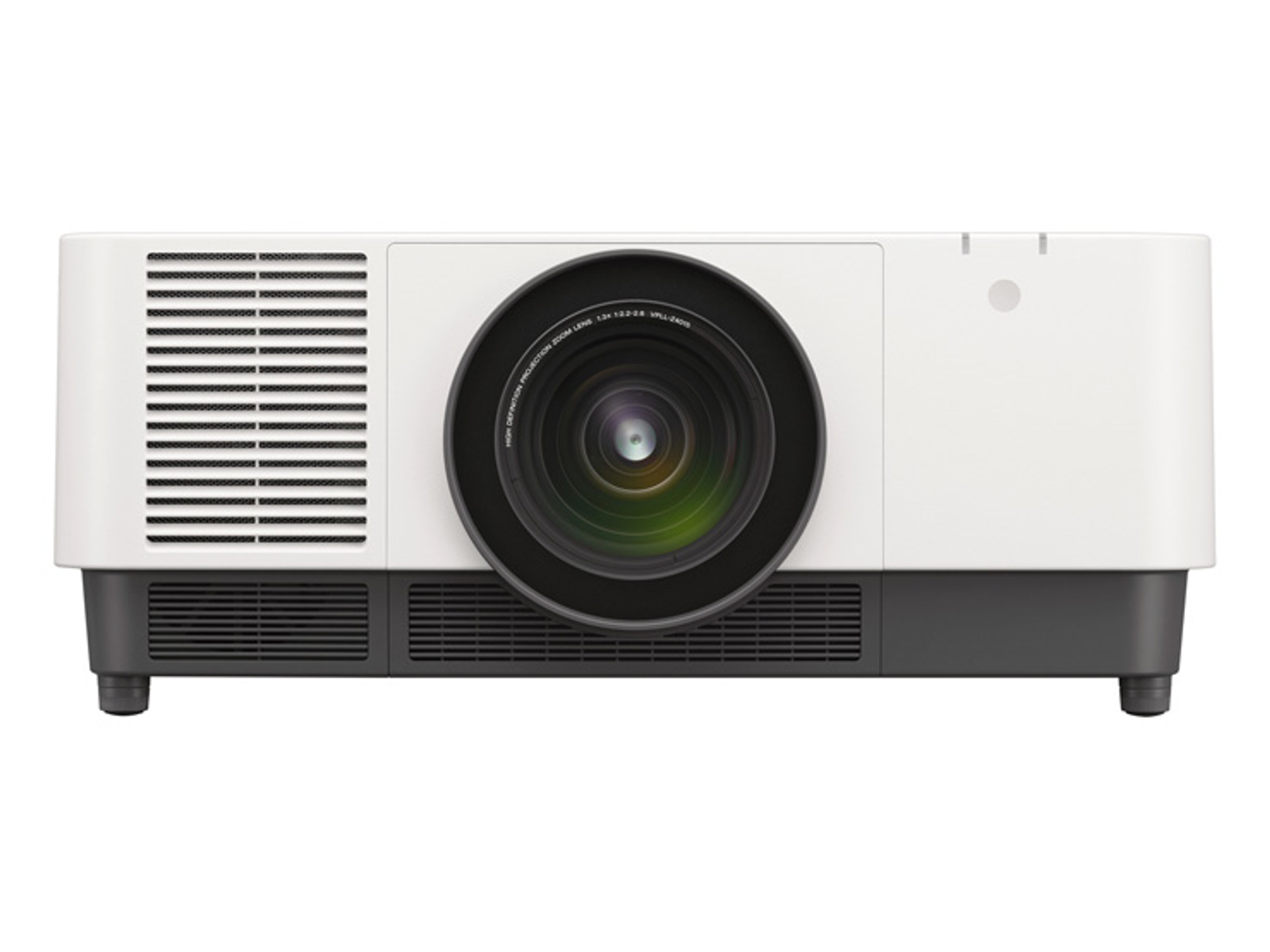 Un proyector blanco con una lente grande y una base negra, mirando hacia adelante.