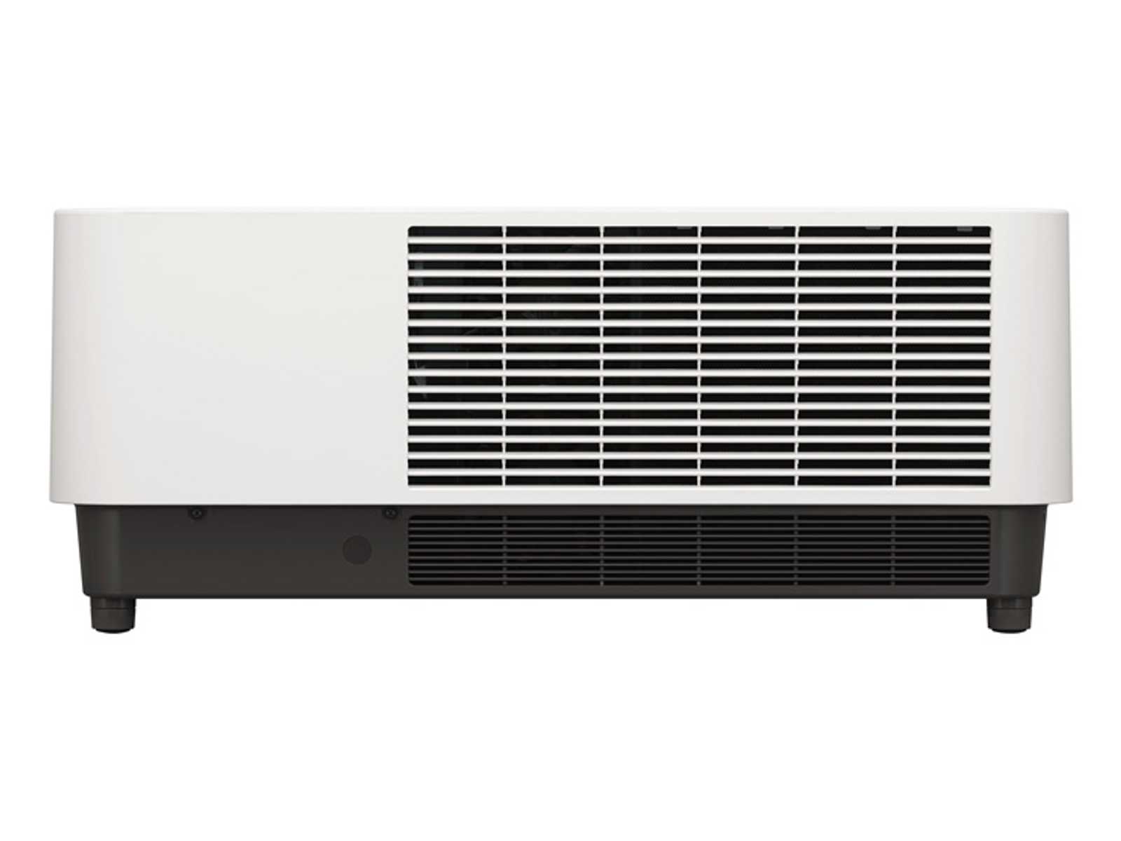 Vista trasera de proyector blanco con rejillas y pies negros.