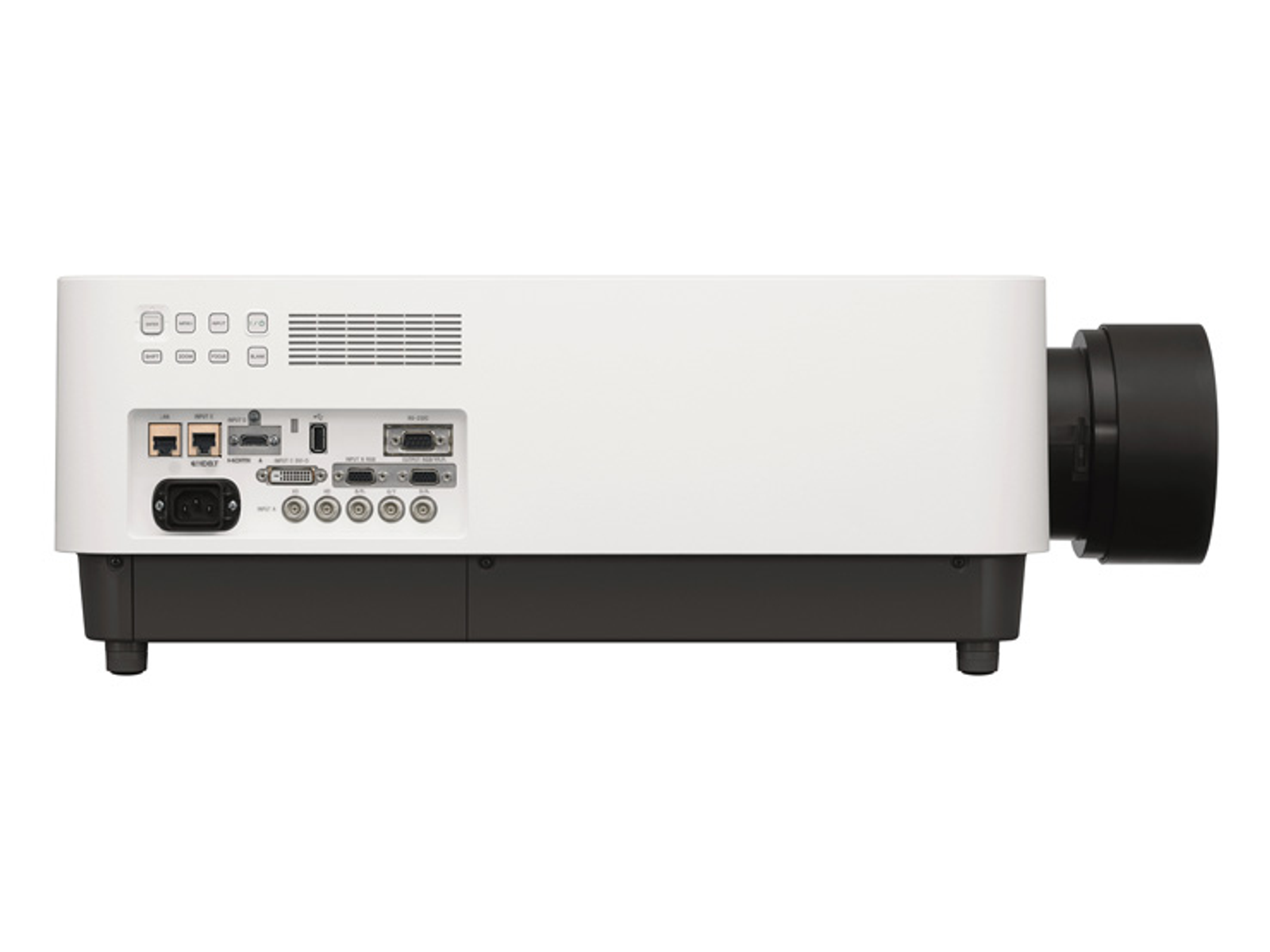 Vista trasera de un proyector blanco con varios puertos de entrada.