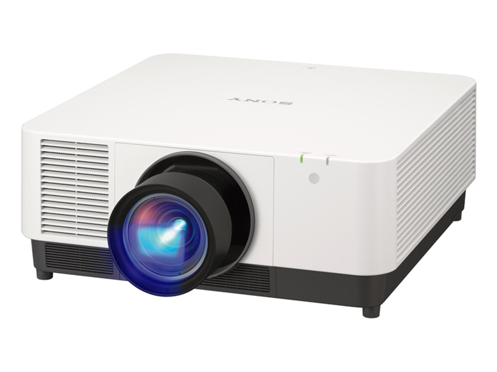 Un proyector Sony blanco con lente negra, ventilación lateral y el logo 'SONY' arriba.
