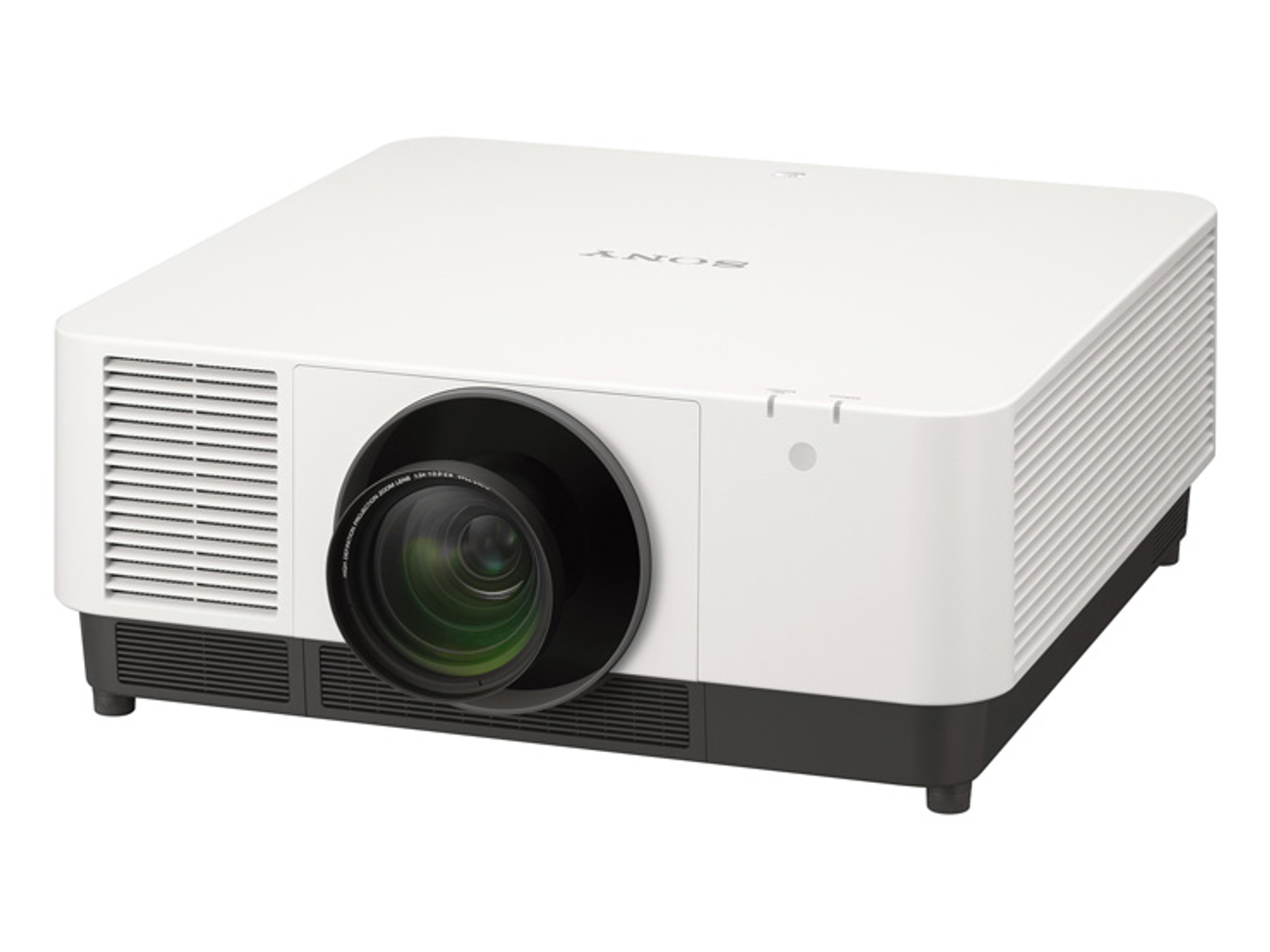 Proyector blanco, base negra, lente grande.