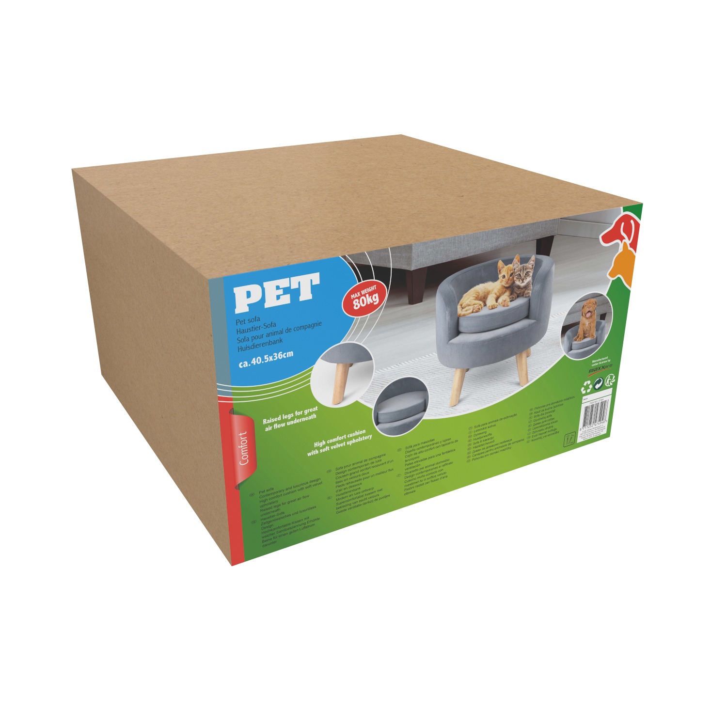 Cardboard box showing a pet sofa with a dog and cats. Text and images of the product are displayed.