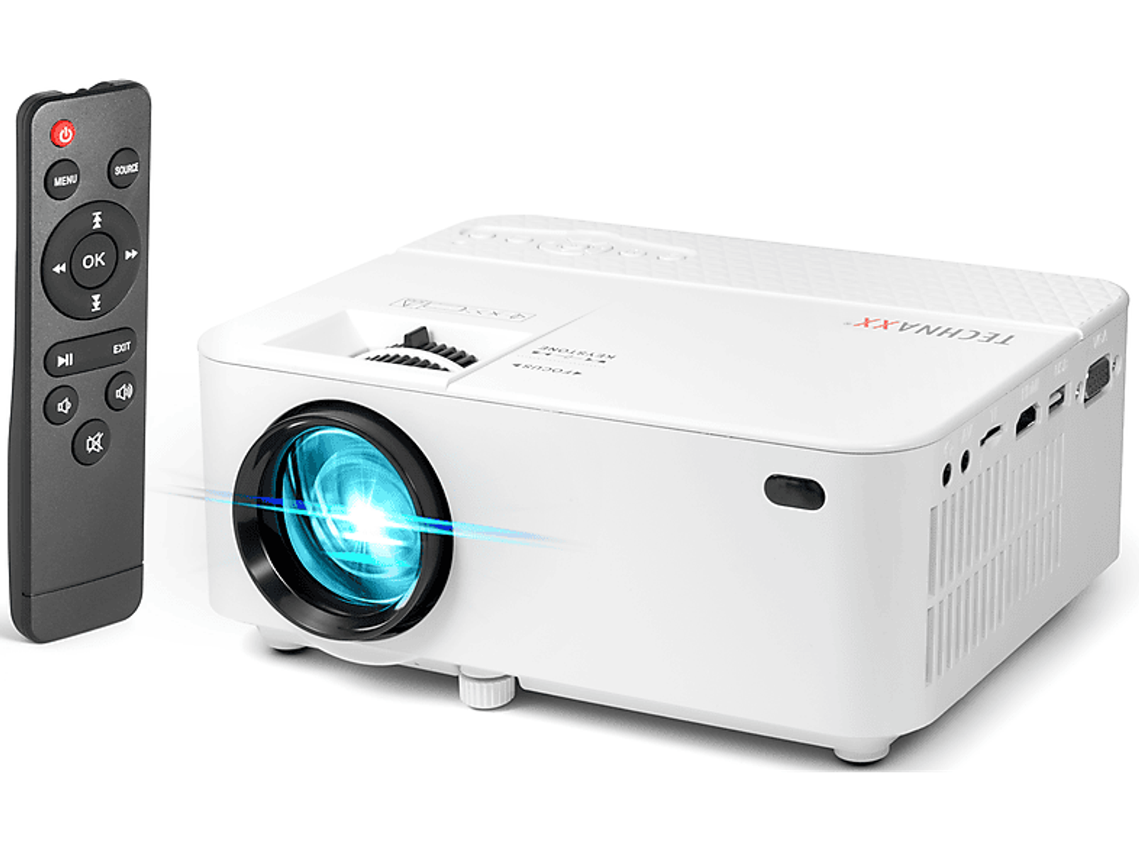Biały projektor z pilotem. Widoczny fokus i porty.