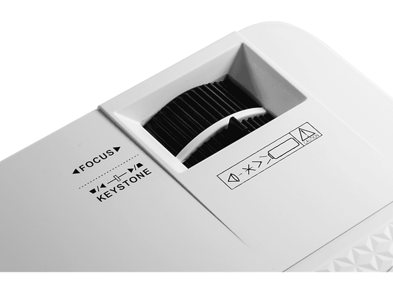 Szczegół białego projektora. Widoczne pokrętła regulacji ostrości i korekcji trapezu.