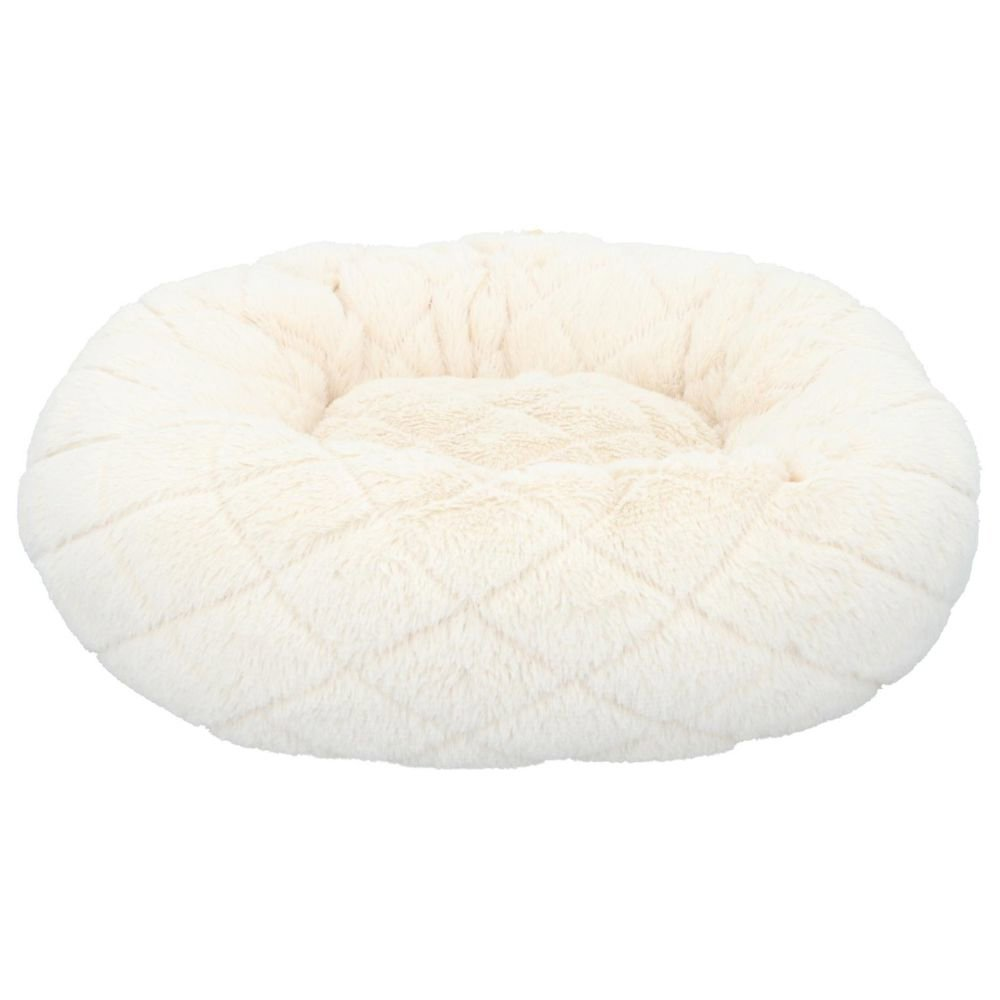 An off-white, fluffy dog bed, with a quilted pattern. on a white background.