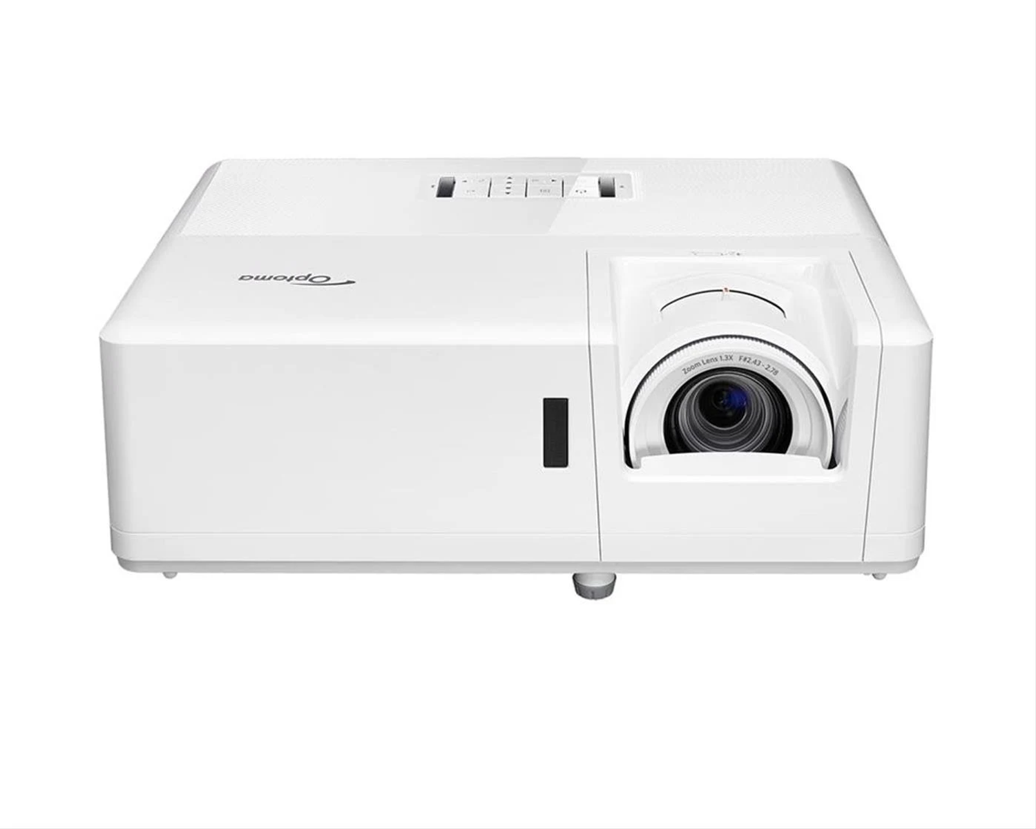 Weißer Optoma-Projektor auf weißem Hintergrund, zeigt Linse und Bedienelemente.