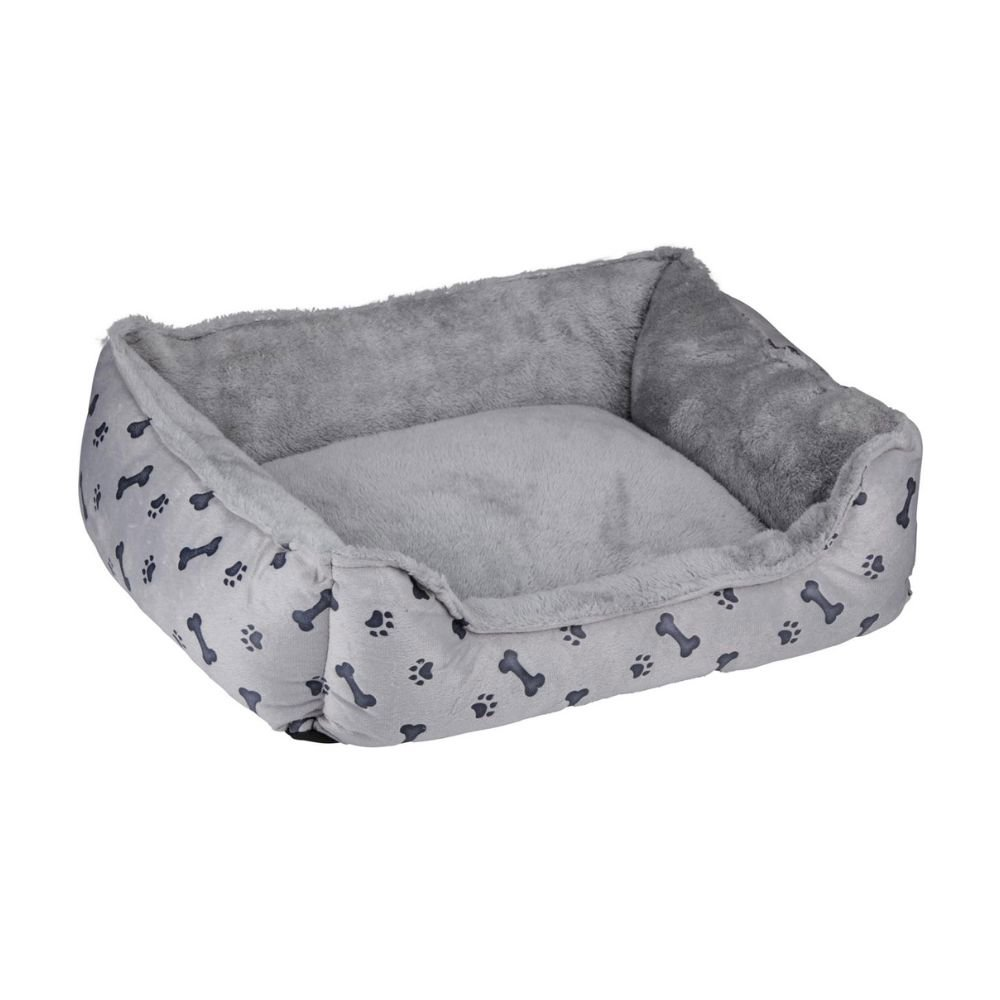 Grey dog bed with bone and paw print pattern. Interior is a lighter grey.