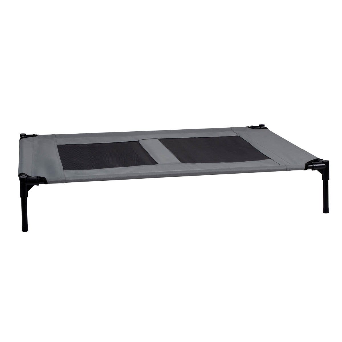 A grey elevated pet bed. It has a mesh center and black legs, suitable for outdoor use.