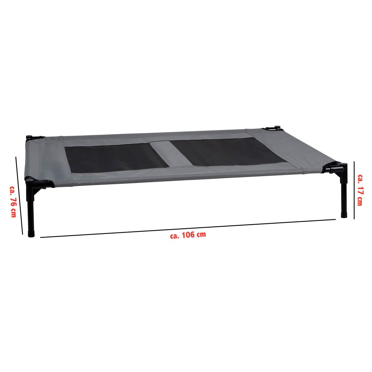 A gray pet bed on black legs. The bed is rectangular and has black mesh panels.