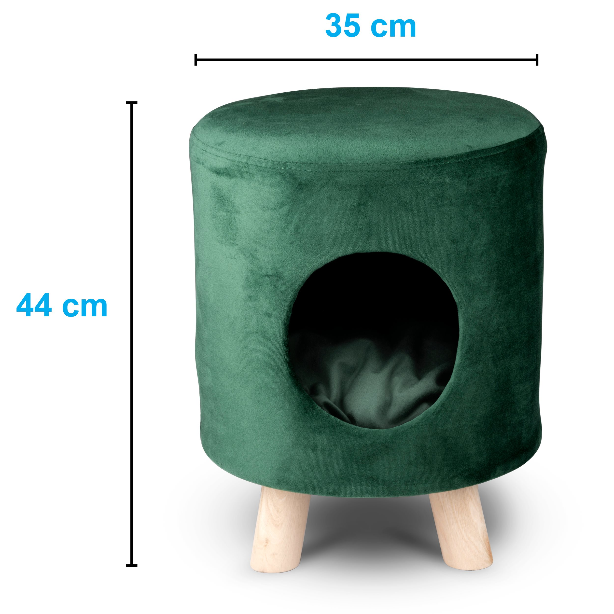 Green velvet cat bed with a hole. It has light wooden legs, 35cm wide and 44cm tall.