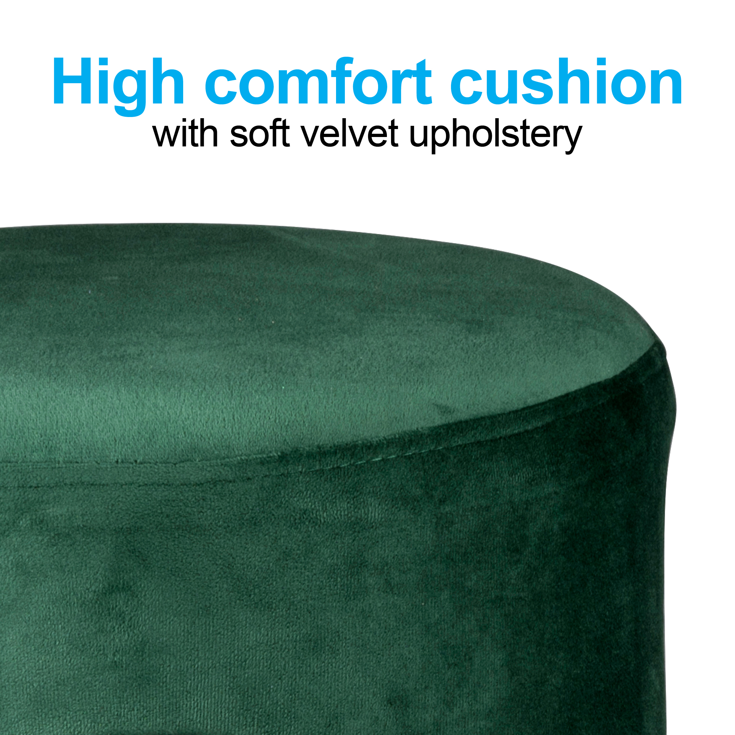 Close up of a green velvet cushion. The cushion is on a white background. Text: High comfort cushion.