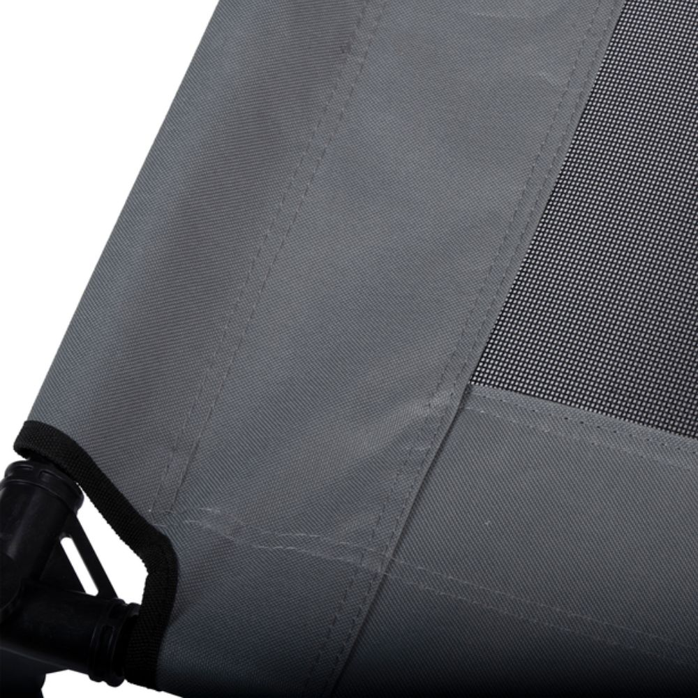 Close-up of a gray tent fabric with a mesh window section, with a black frame.