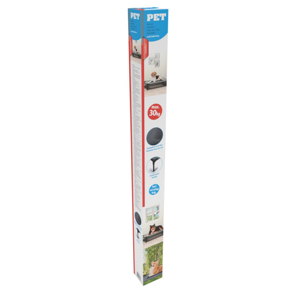 Tall, narrow box with images of a dog bed, text: 'PET', 'max. 30kg', and a dog.