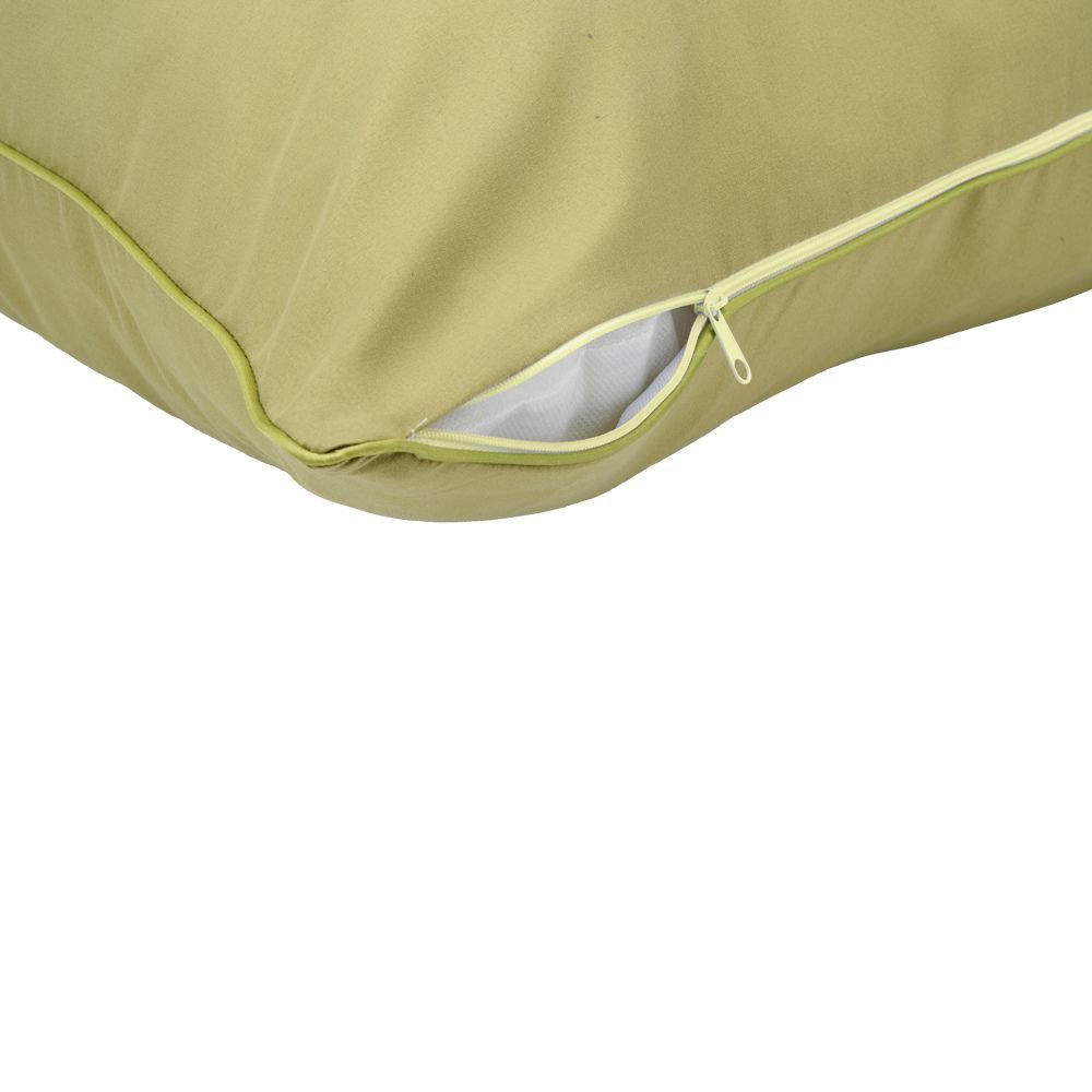 Beige pillow with a white zipper. Green trim. White background.