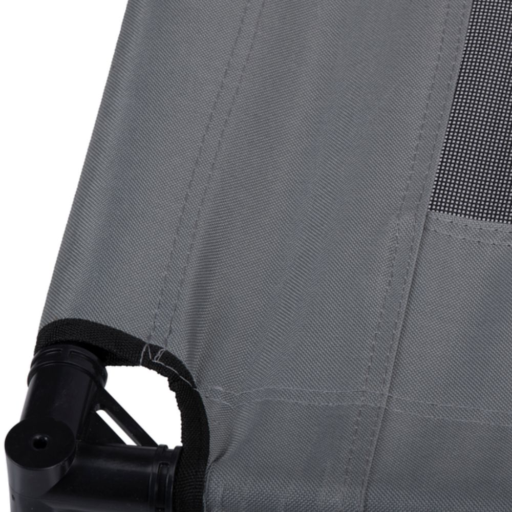 Close-up of gray pet bed material and corner joint. Shows detailed texture and design.