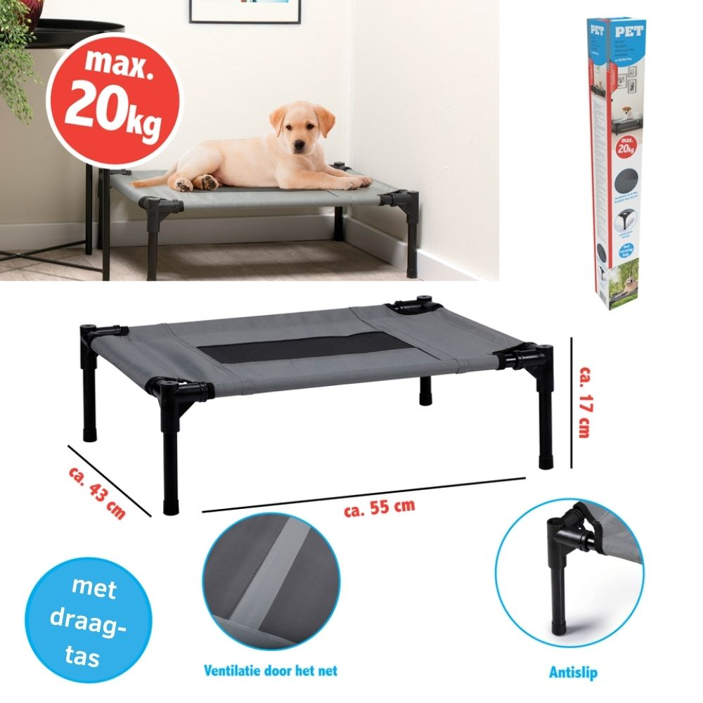 Dog bed with a puppy on top, with a product box and dimension details.