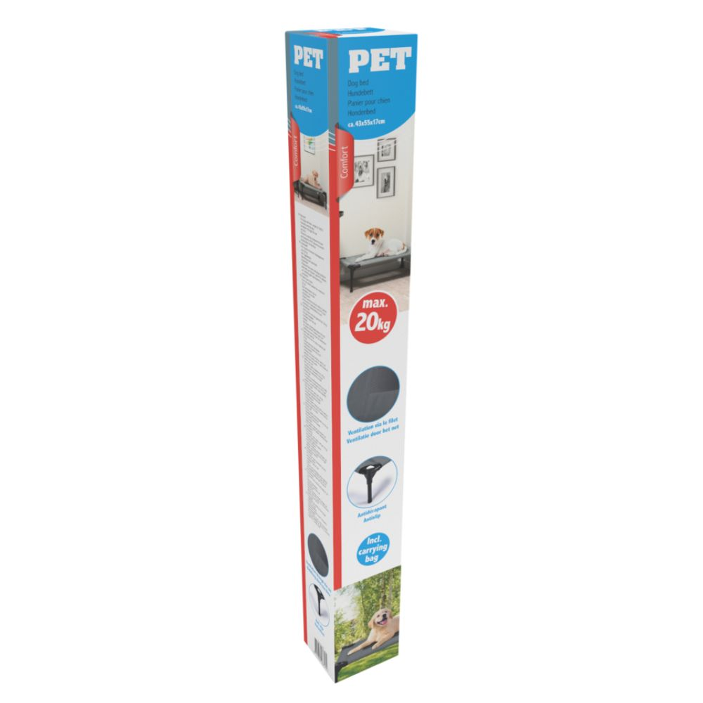 Tall box showing a dog bed. The box is tall and has a picture of a dog on it.