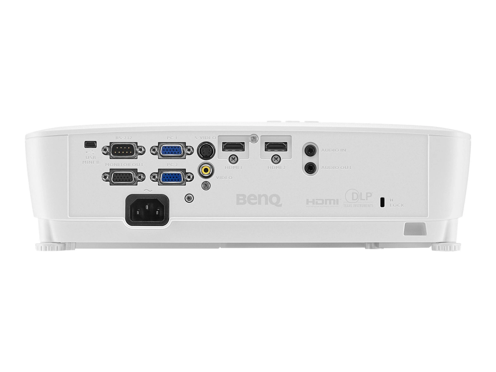 Proyector blanco con varios puertos y el logotipo de BenQ en la parte trasera. Entradas HDMI y de alimentación visibles.
