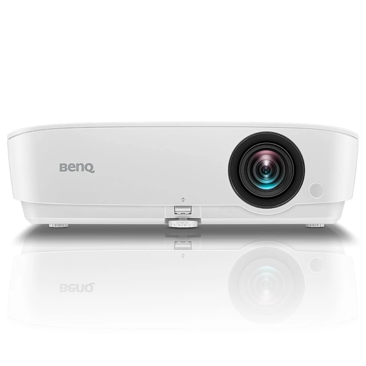 Proyector BenQ blanco con lente y la palabra 'BenQ' en la parte delantera.