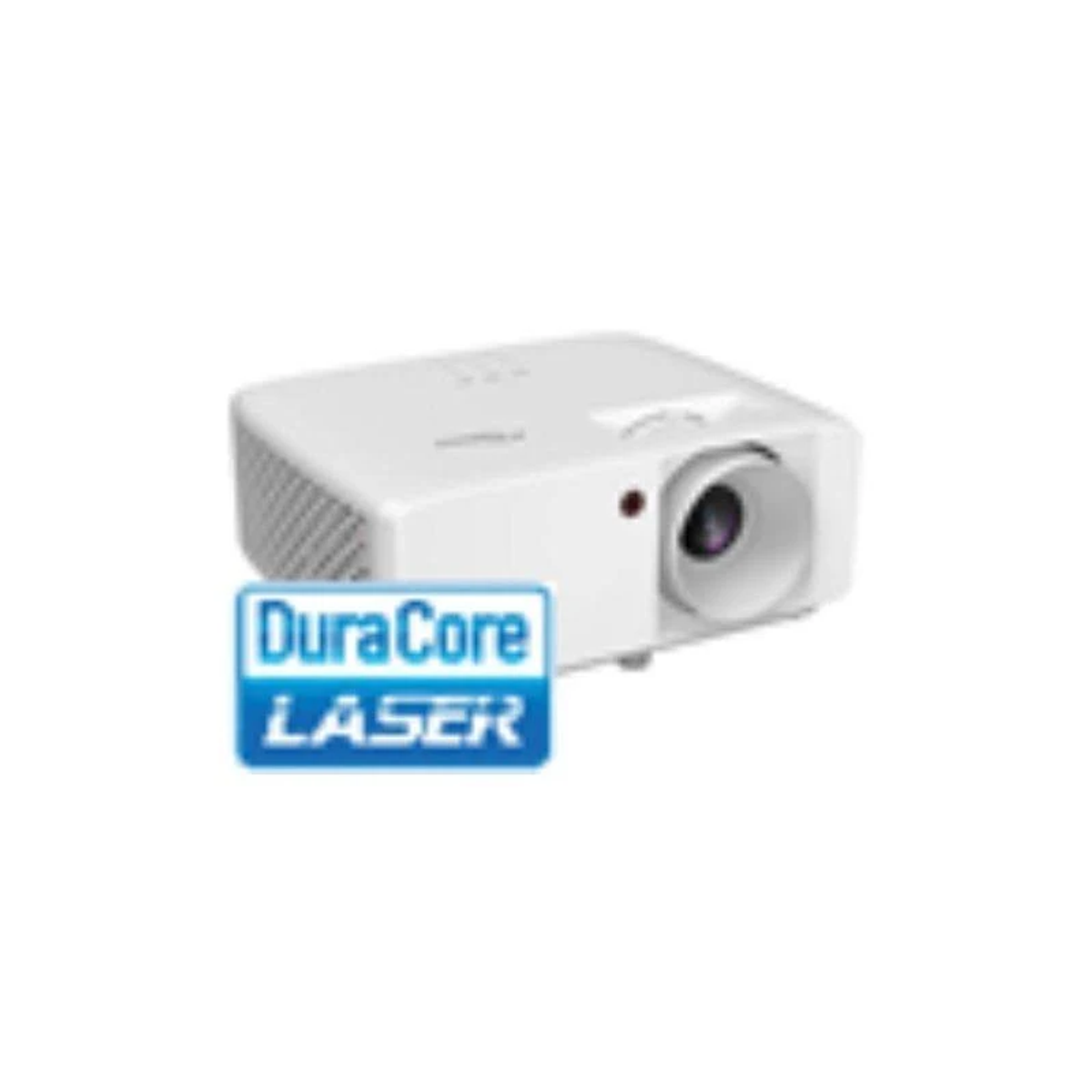 Proyector blanco con etiqueta 'DuraCore LASER'. Tiene una lente y una luz roja.