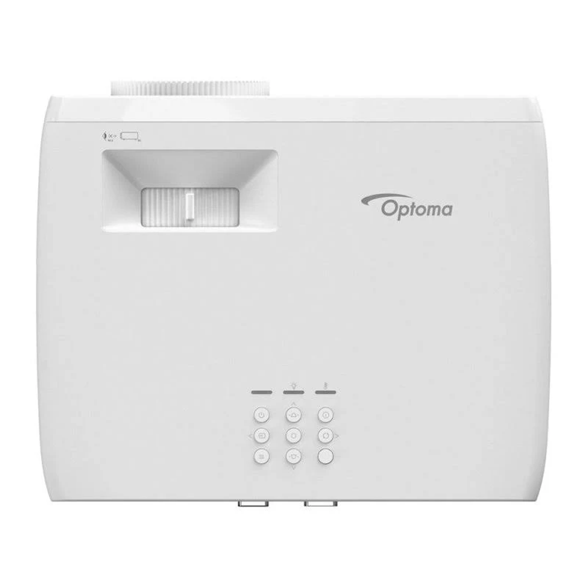 Proyector Optoma blanco, vista superior, con botones de control y logo, sobre superficie blanca.