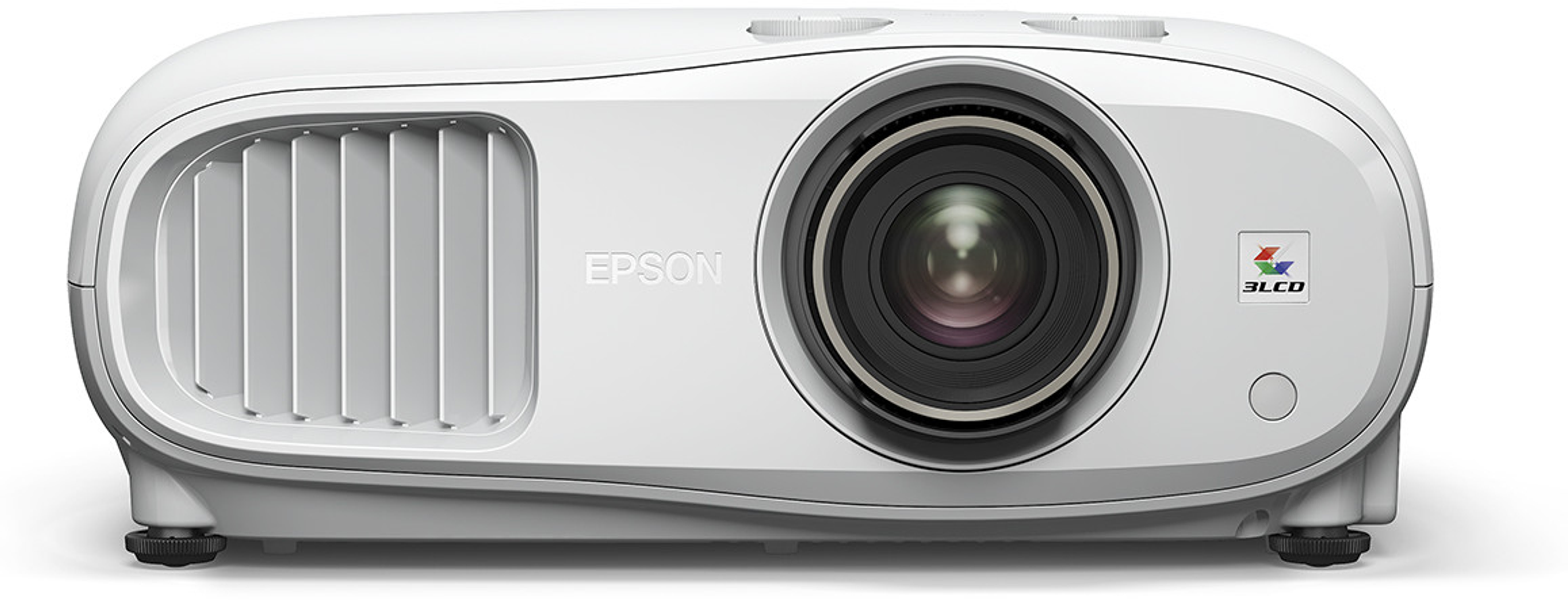 Un proyector EPSON blanco con una lente en el centro y el logotipo 3LCD a la derecha.