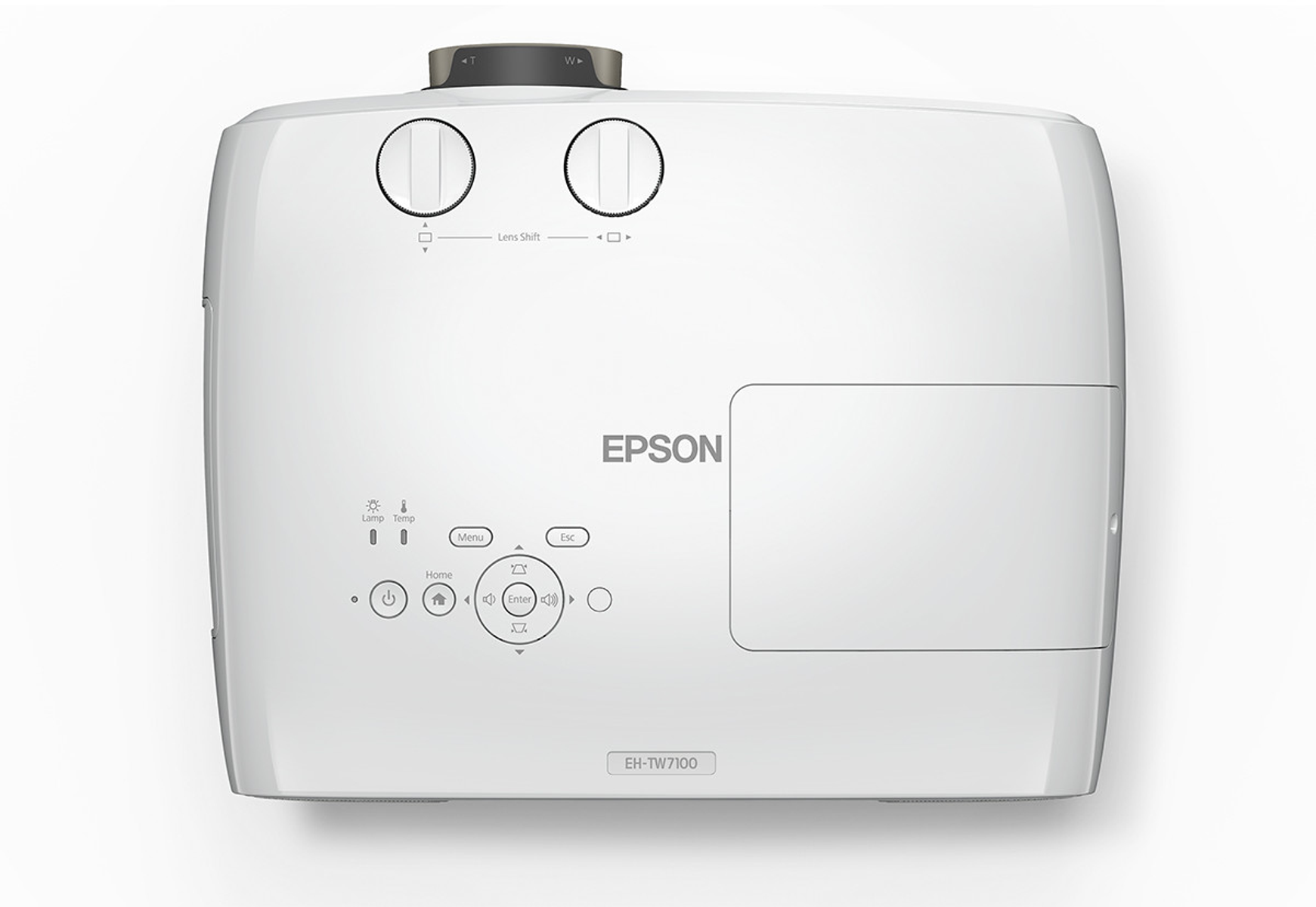Proyector Epson blanco, vista superior. Varios botones y diales son visibles.