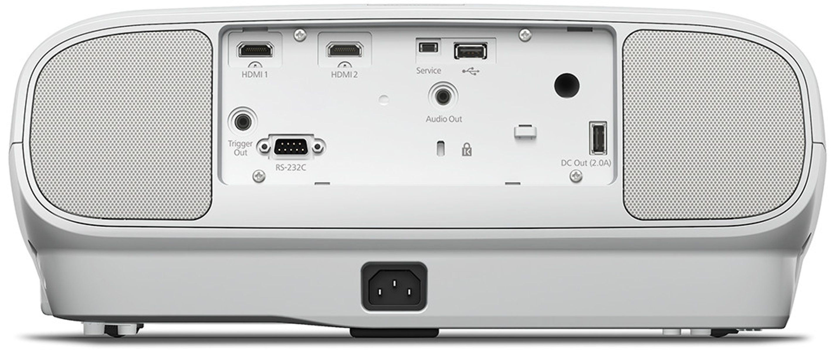 Parte trasera de proyector blanco con múltiples puertos: HDMI, salida de audio, USB y otros. Dos altavoces visibles.