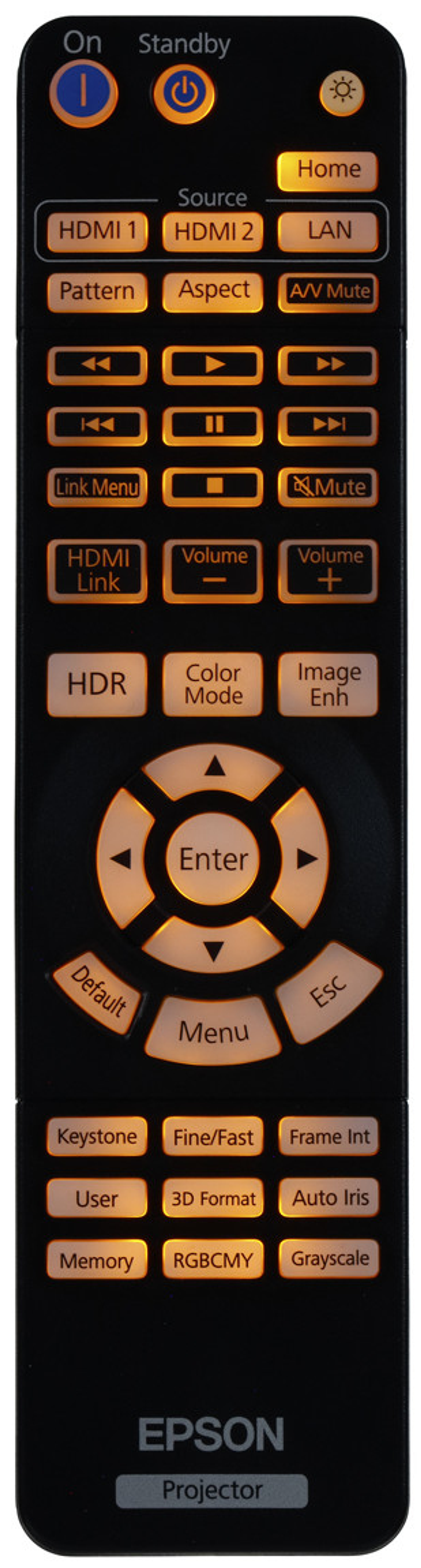 Mando a distancia del proyector Epson con varios botones y etiquetas, en naranja.