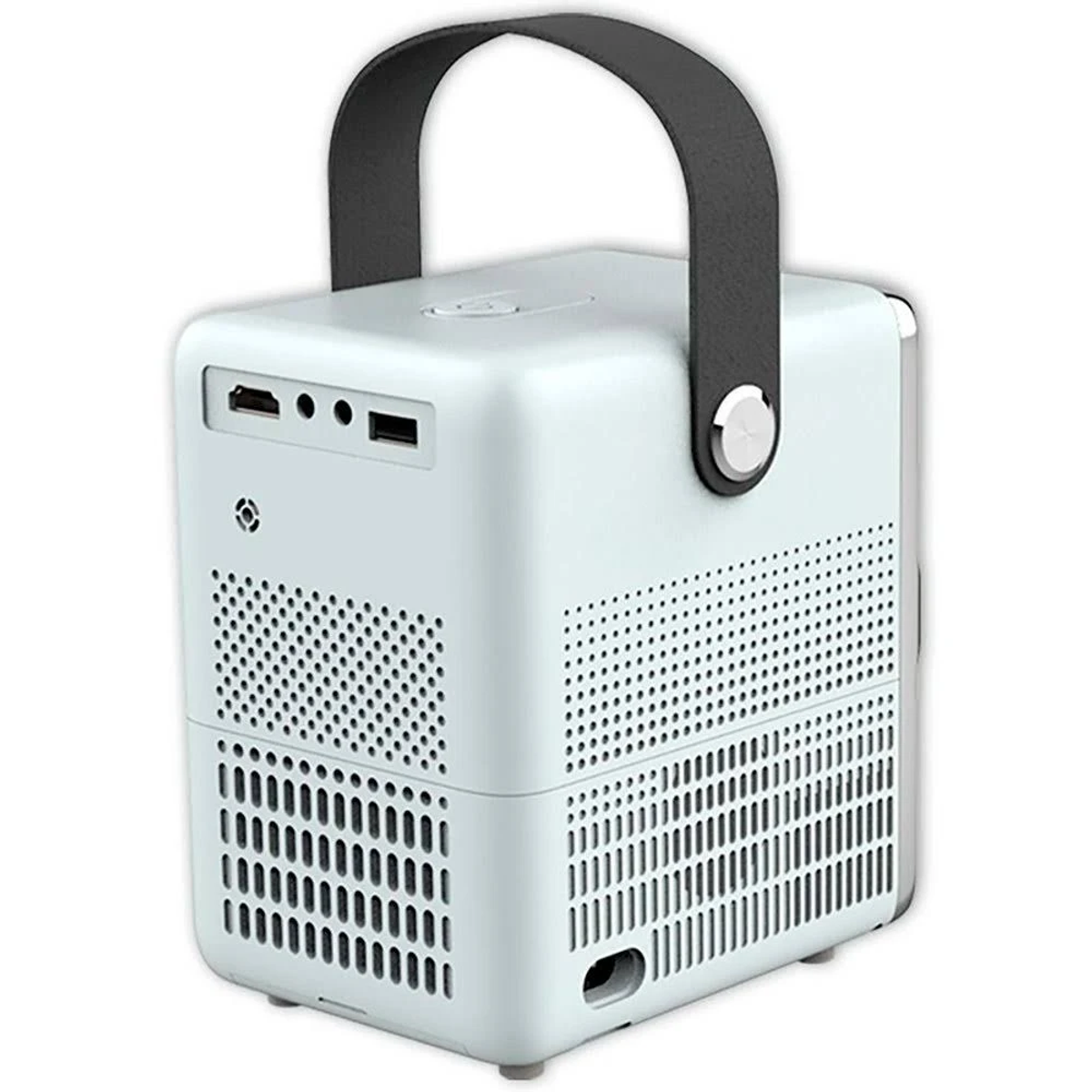 Pequeño proyector blanco con asa. Con ventilación y panel de puertos.