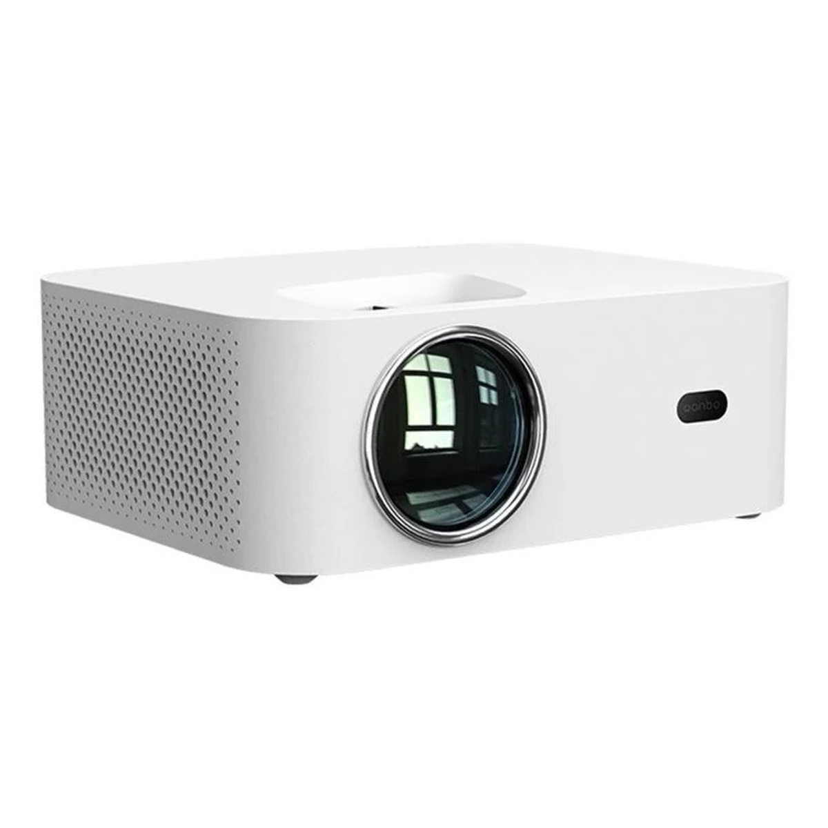 Proyector blanco con lente sobre superficie negra, vista frontal.