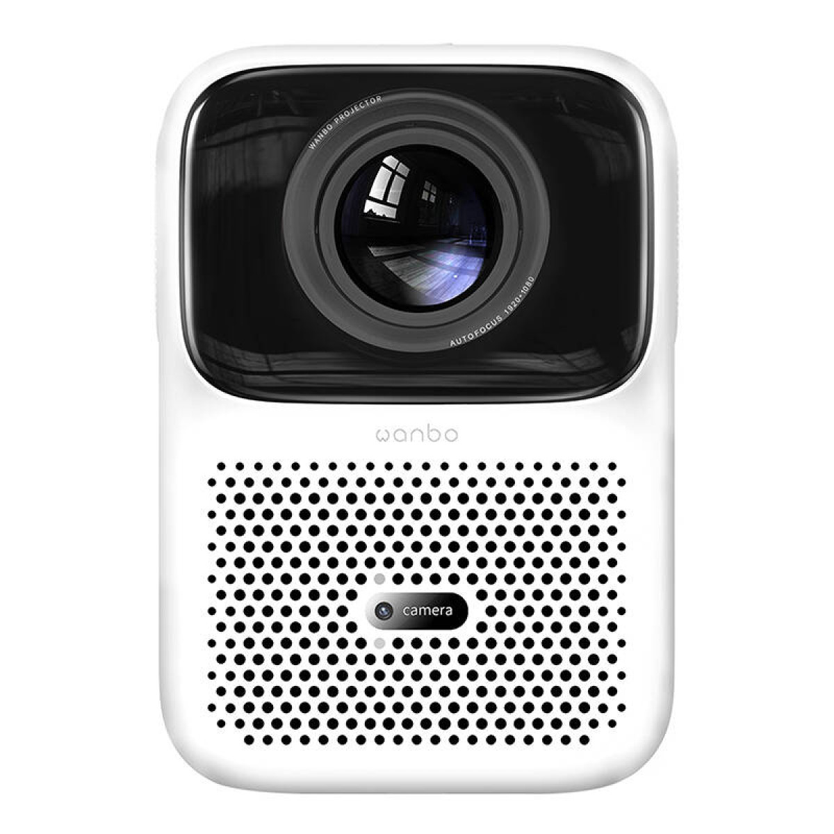 Proyector Wanbo blanco con lente negra. Tiene cámara y agujeros para altavoces.