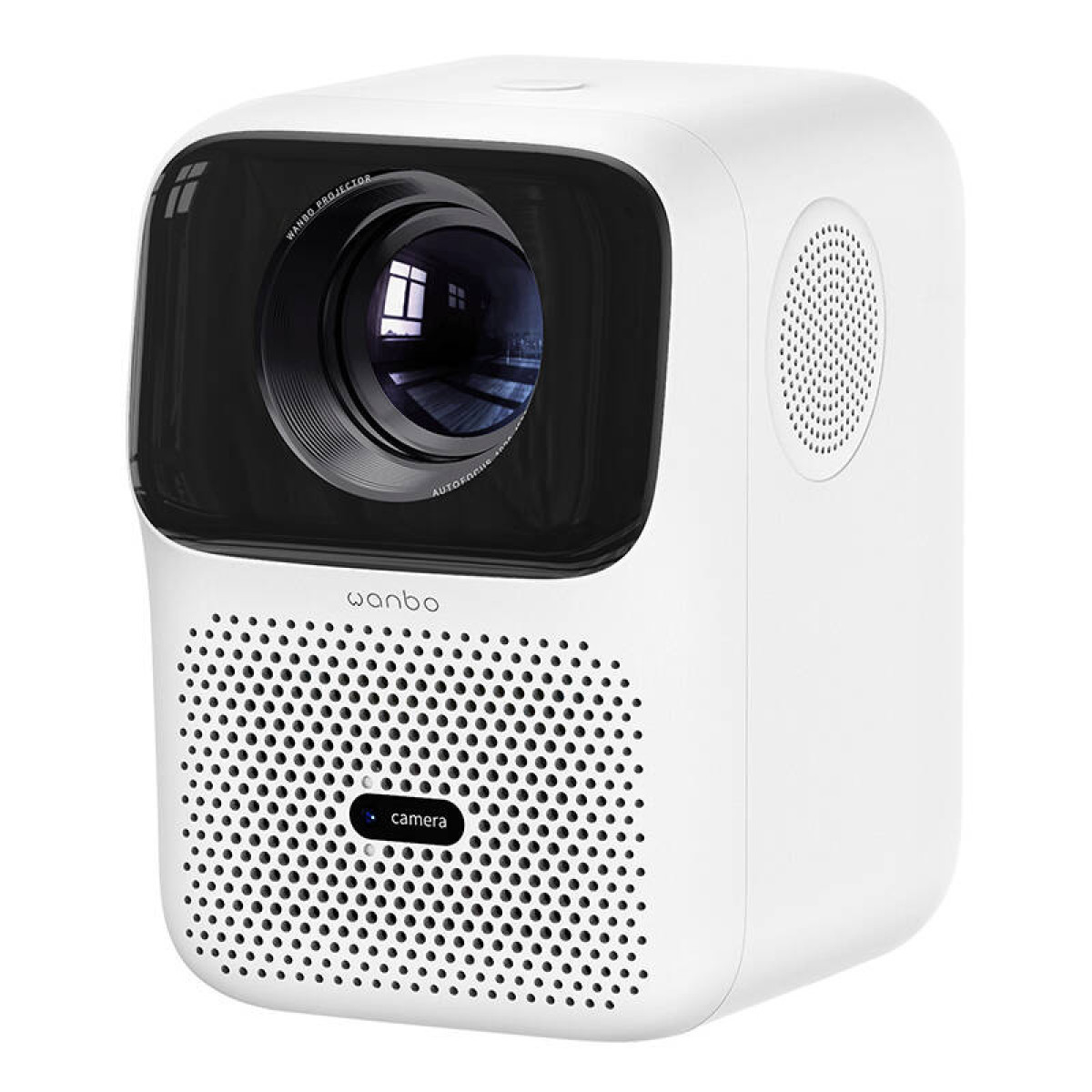 Un proyector Wanbo blanco con lente, cámara y orificios para altavoces.