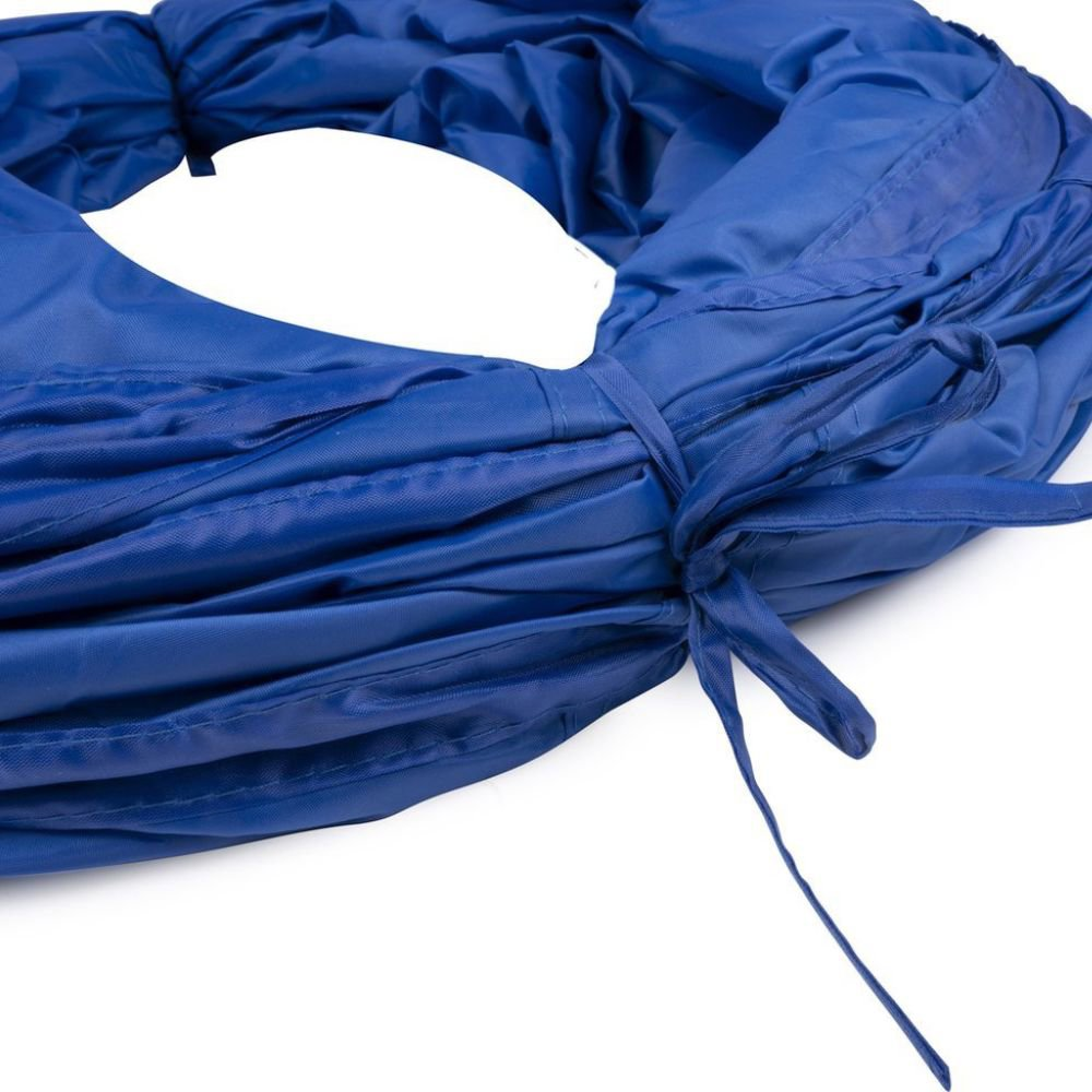 A blue fabric ring is tied with a ribbon.