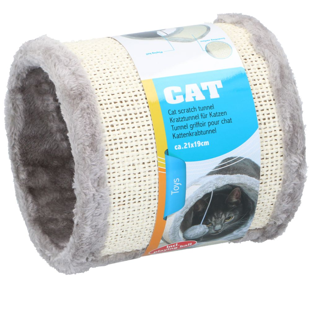 Een krabtunnel voor katten met een geweven oppervlak en grijze pluche bekleding. Een label toont de productnaam.